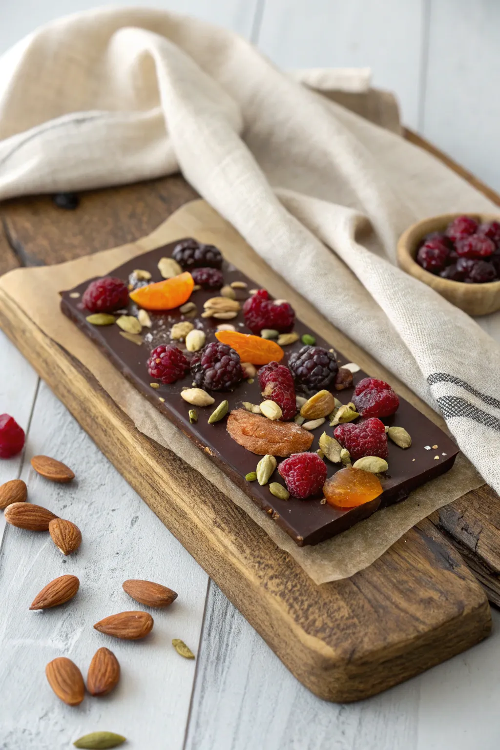 Indulge in the art of gifting with this stunning fruit and nut chocolate bark, where beauty meets taste in every bite.