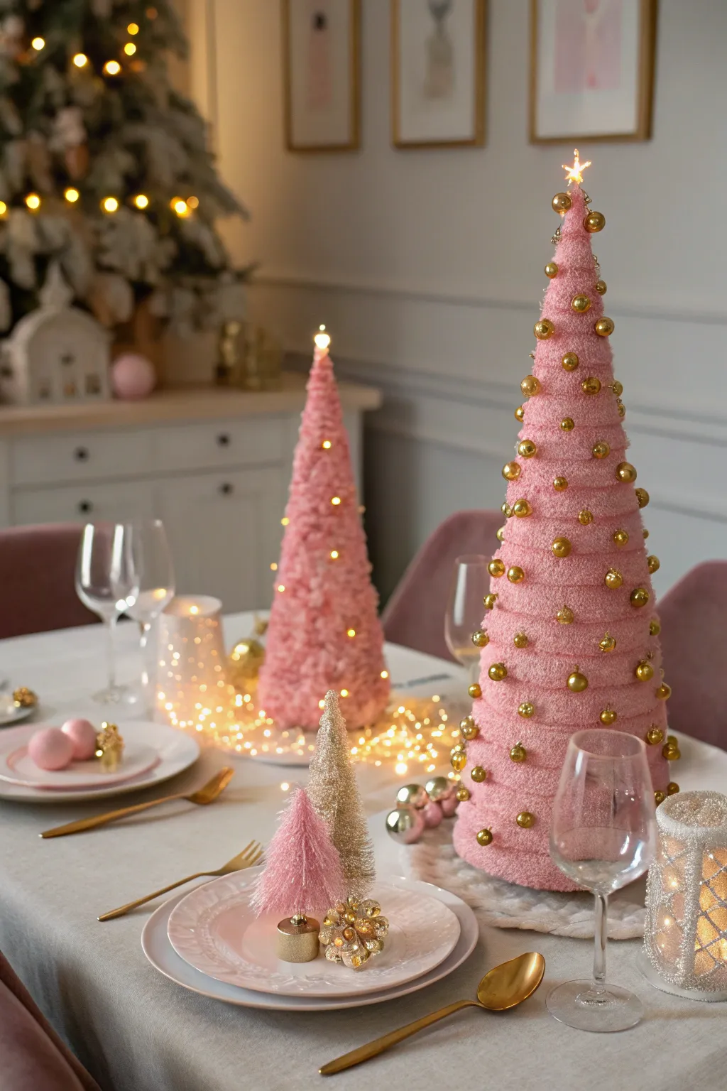 Miniature pink and gold trees add a festive flair.