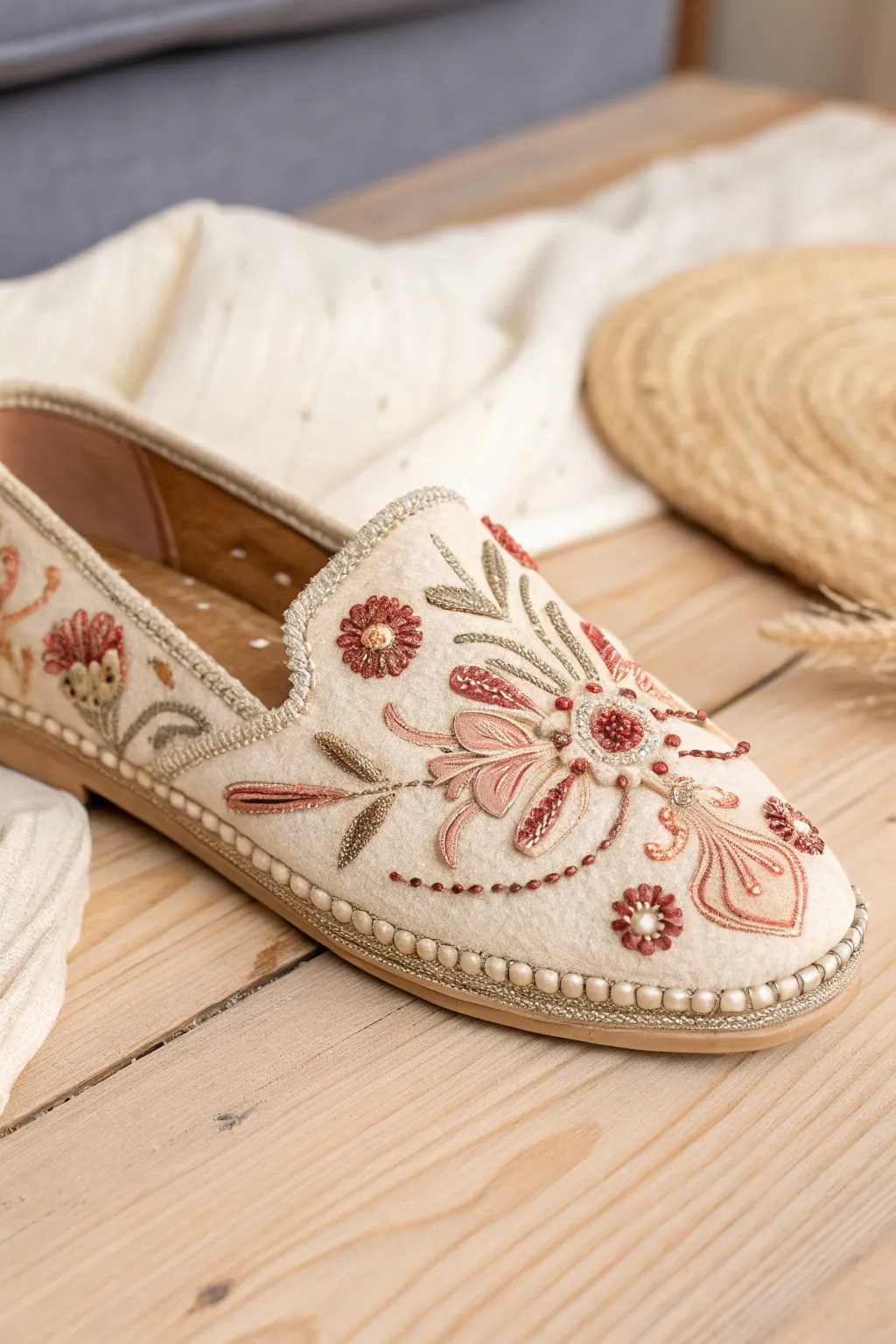 Step into elegance with these beautifully embroidered shoes—where minimalist design meets intricate craftsmanship.