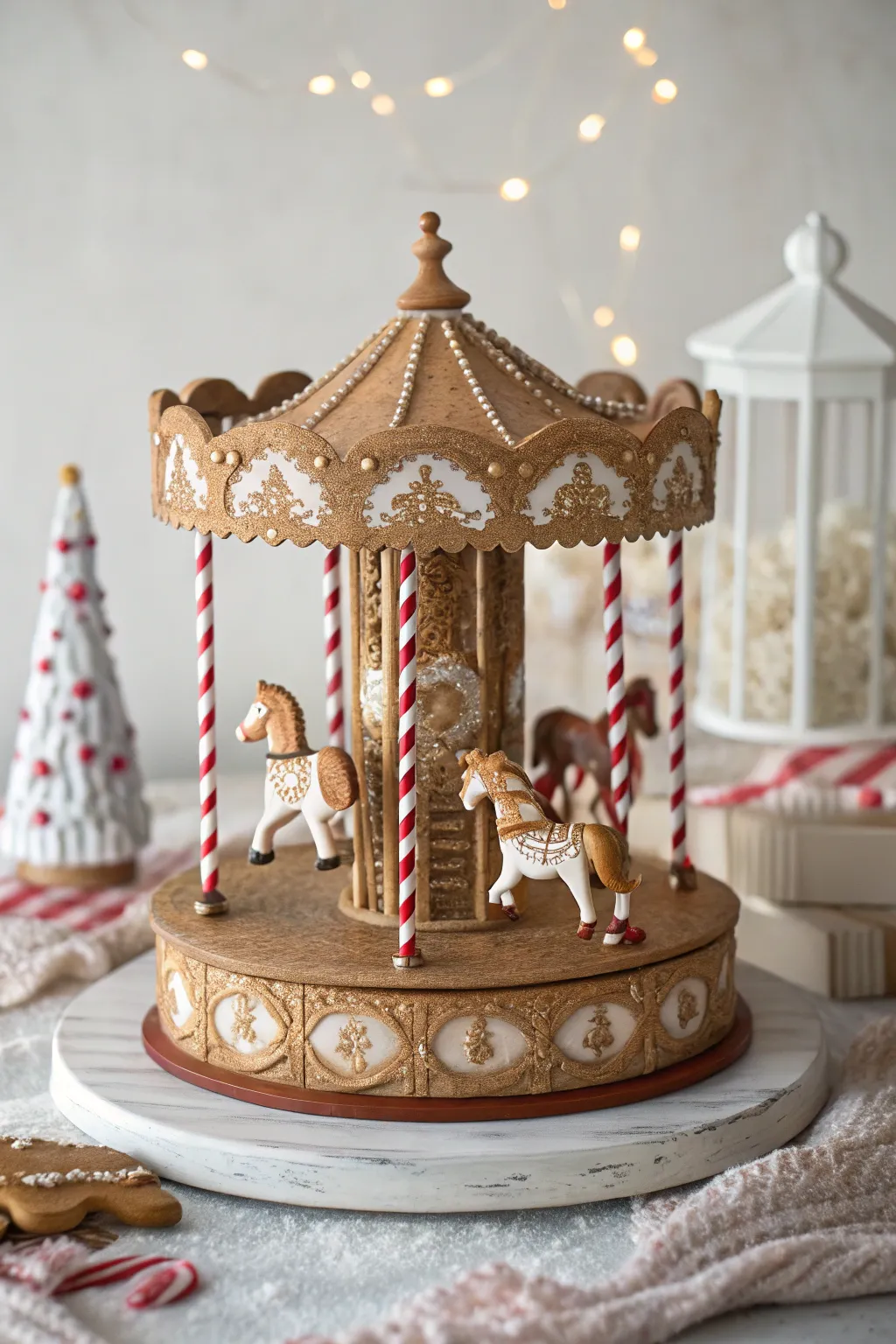 Discover the magic of a gingerbread carousel, where simplicity meets intricate craftsmanship in a sweet symphony.