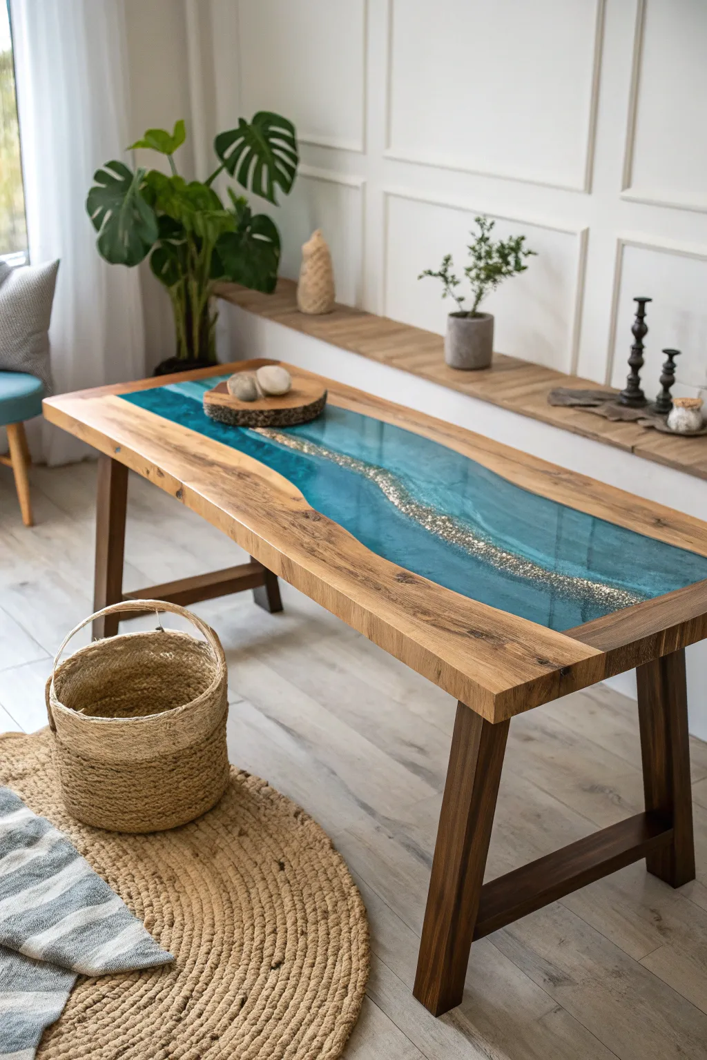 Bring nature indoors with a stunning epoxy resin river table, where craftsmanship meets elegance.