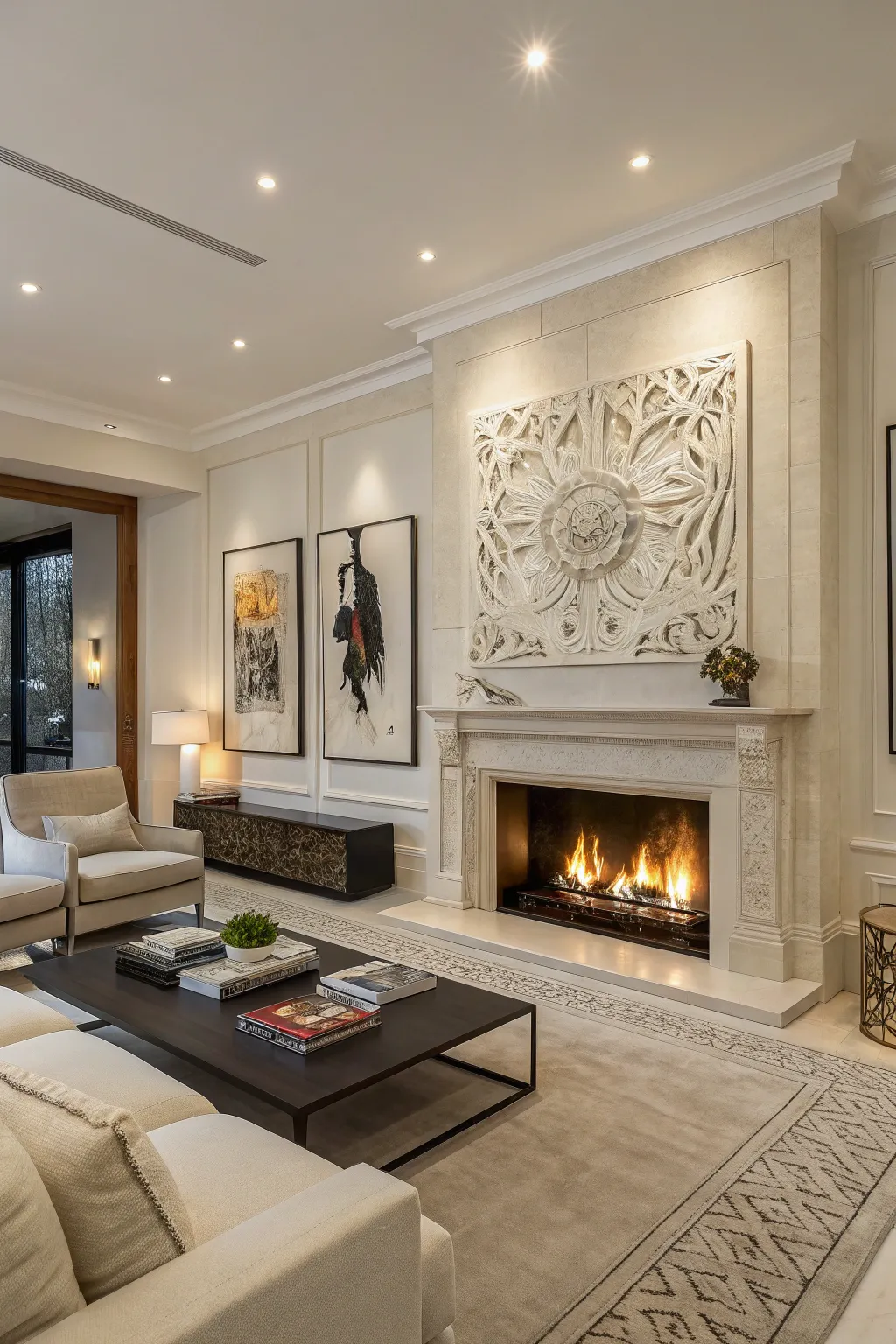 A sculptural fireplace serving as both an art piece and a functional element.