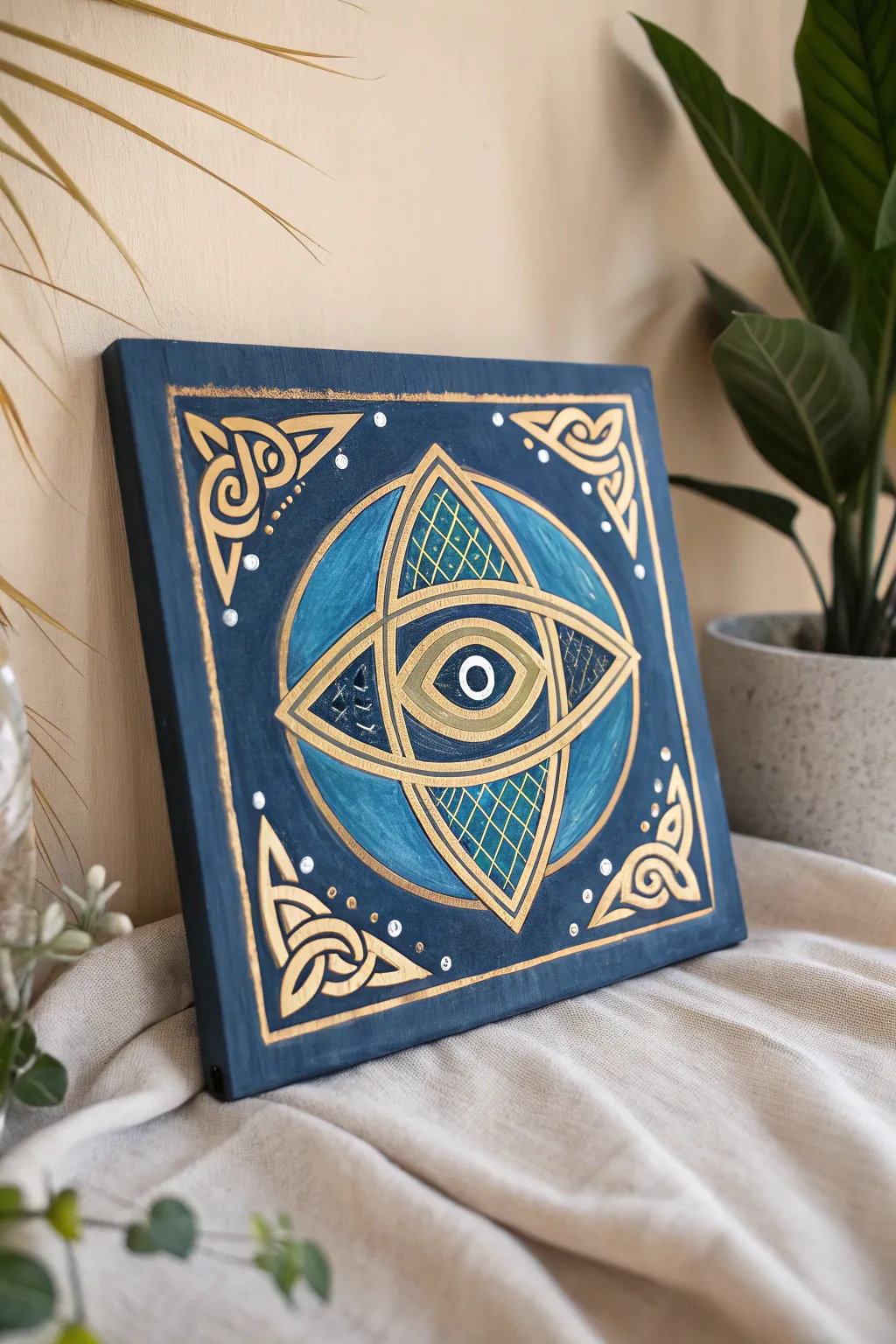 Discover the artistry of cultural fusion with this mesmerizing evil eye and Celtic knot painting, where bold colors meet minimalist elegance.