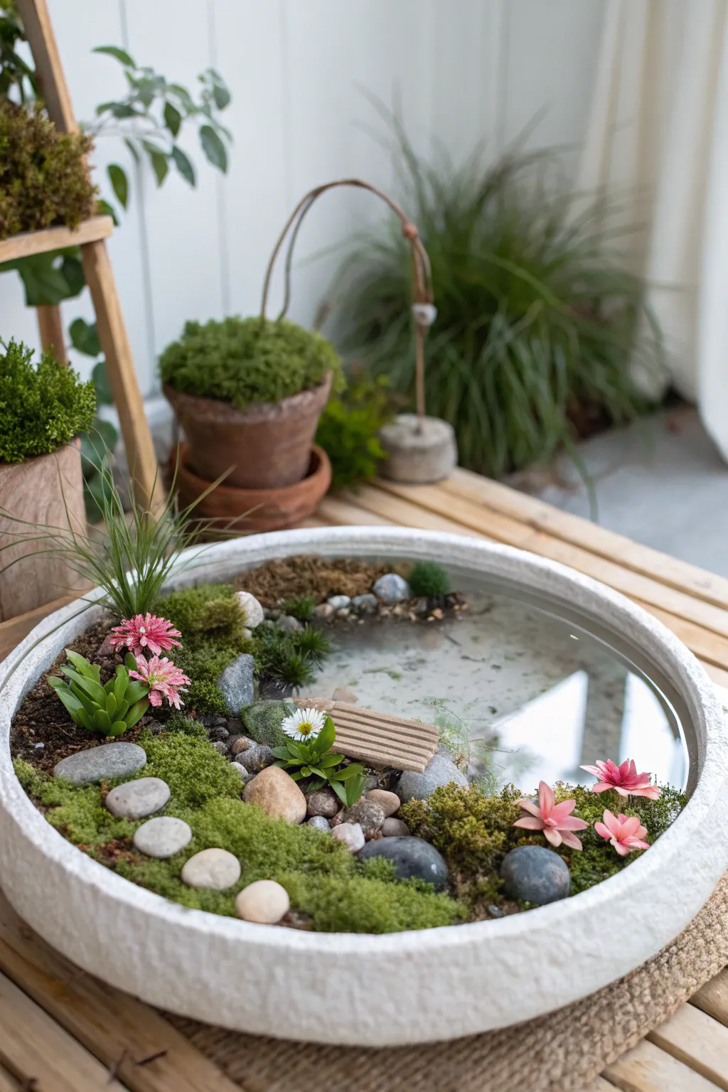 Reflecting serenity: A minimalist fairy garden pond with mirror-like allure.