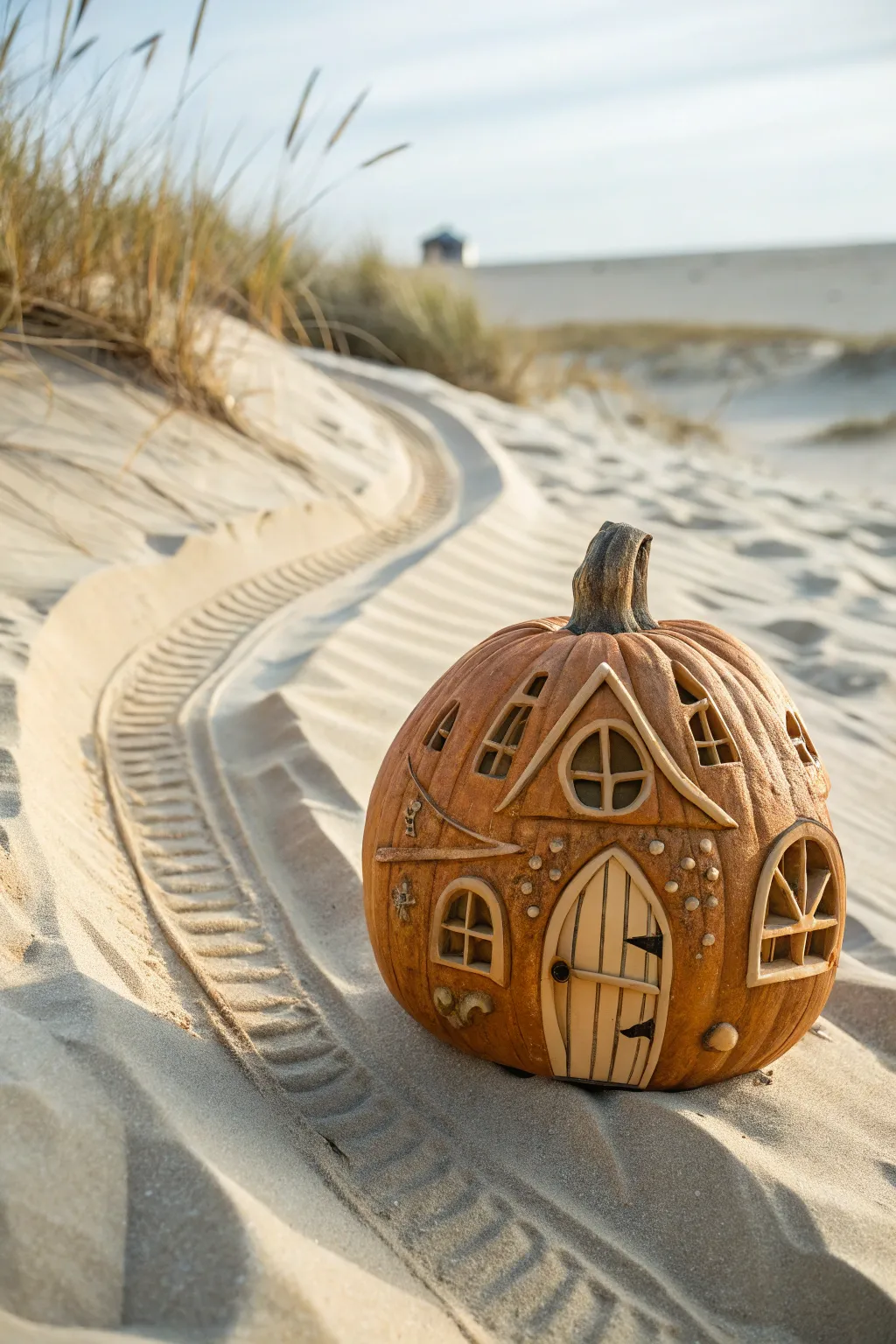 Discover the magic of a pumpkin fairy house with enchanting sand paths, where simplicity meets elegance.