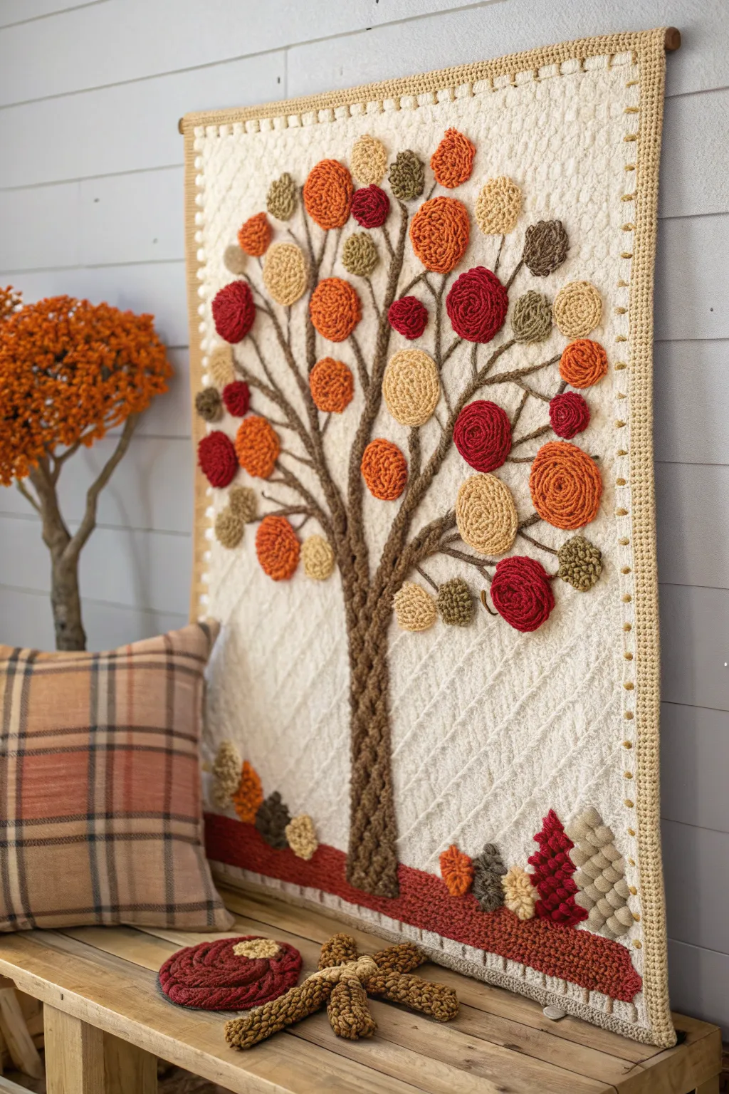 Celebrate the beauty of fall with this charming crochet autumn tree wall art, perfect for adding warmth and elegance to your space.