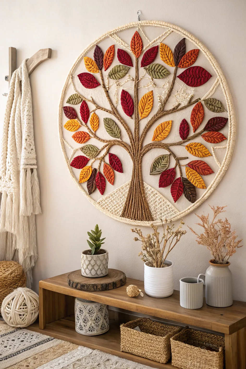 Capture the essence of autumn with this stunning crochet tree wall art, a perfect blend of boho charm and minimalist elegance.