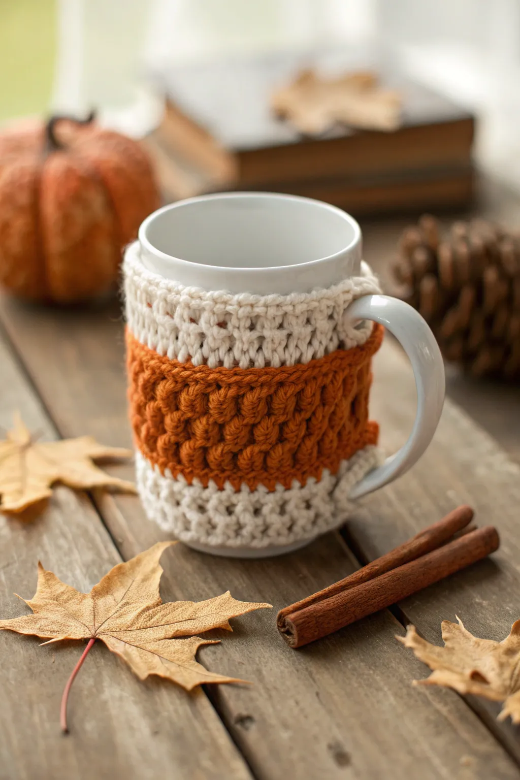 Wrap your mug in autumn warmth with a handmade pumpkin spice cozy.