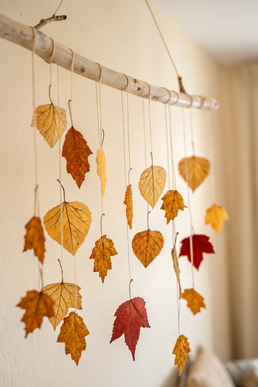 Capture the essence of fall indoors with this elegantly simple leaf mobile, a perfect blend of Scandinavian minimalism and boho charm.