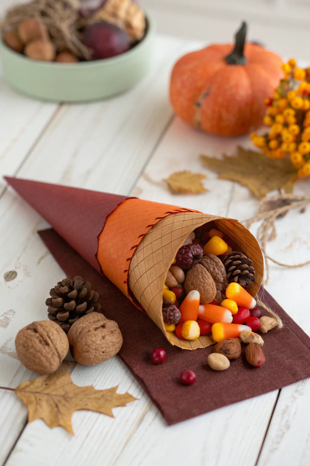 Embrace the abundance of autumn with a beautifully crafted cornucopia cone, a perfect blend of minimalist elegance and boho charm.