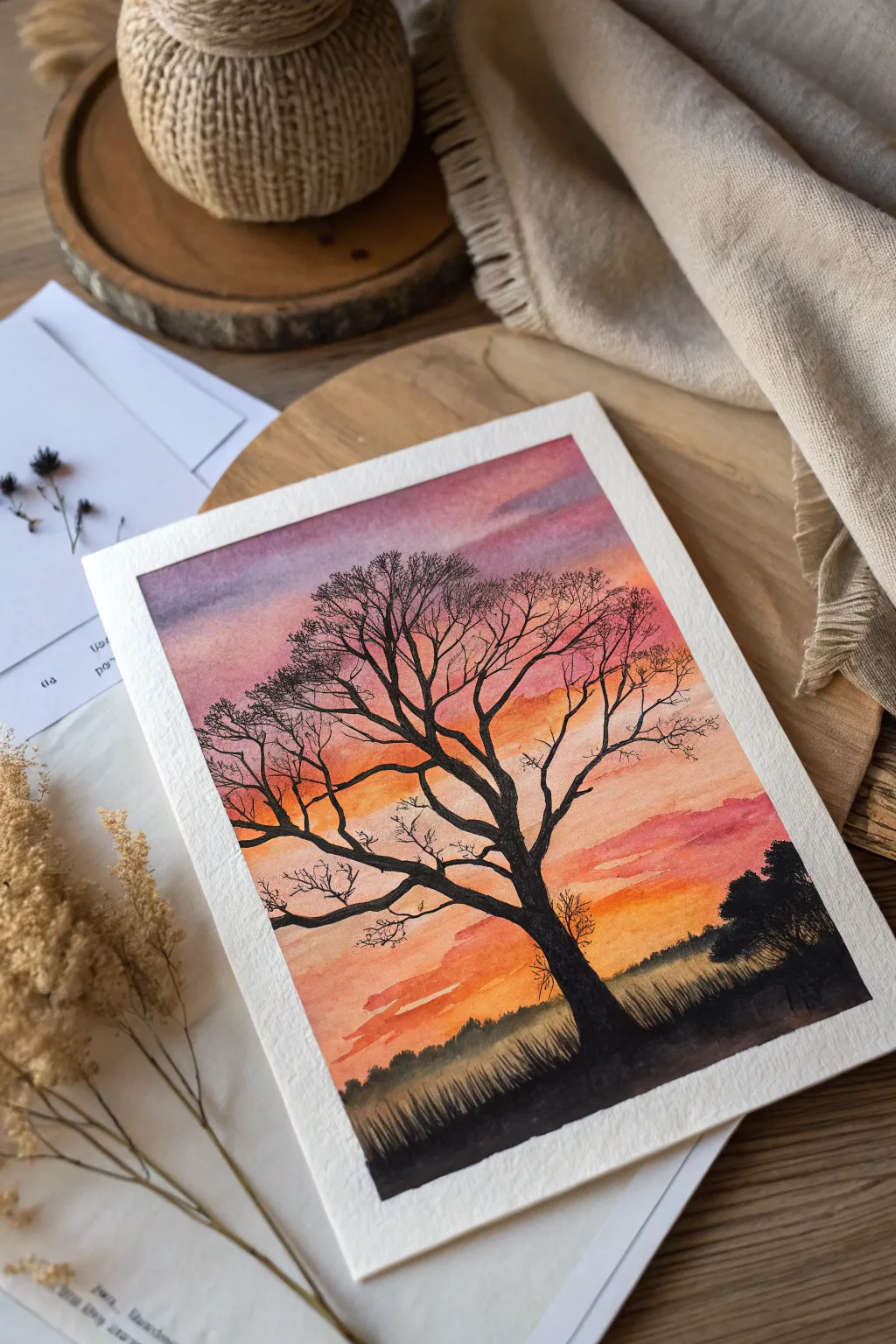 Capture the magic of dusk with serene sunset silhouettes in watercolor.