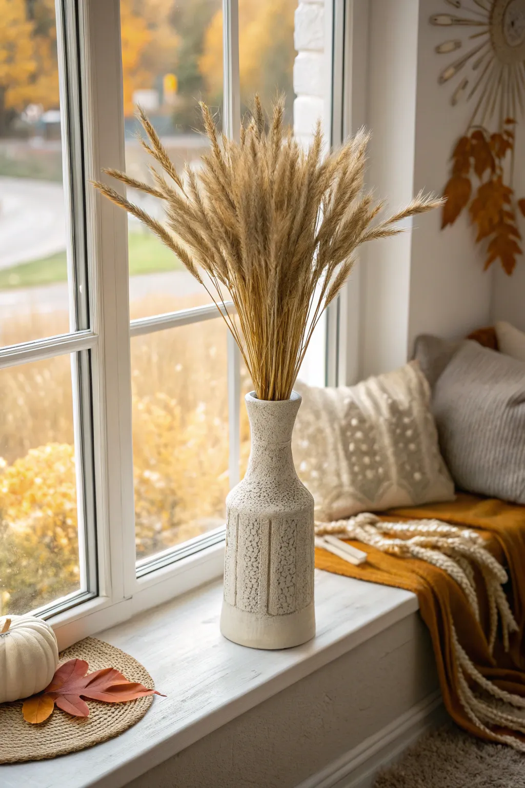Faux wheat sheaves bring a touch of harvest elegance.