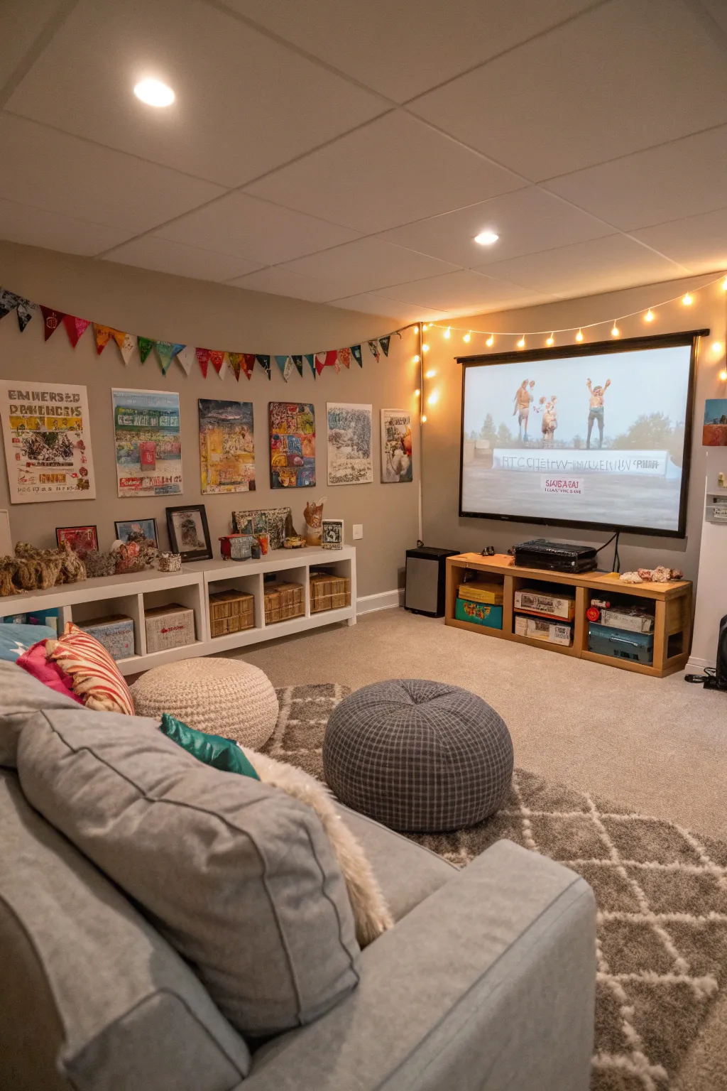 A projector transforms the playroom into a mini-theater for movie nights.