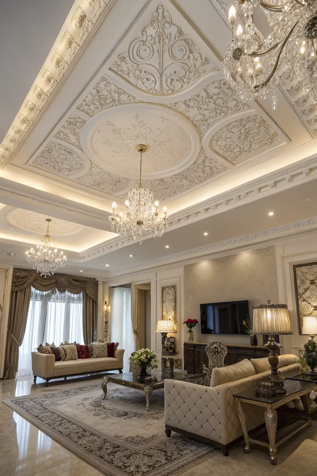 Combine various elements for a unique faux tray ceiling.