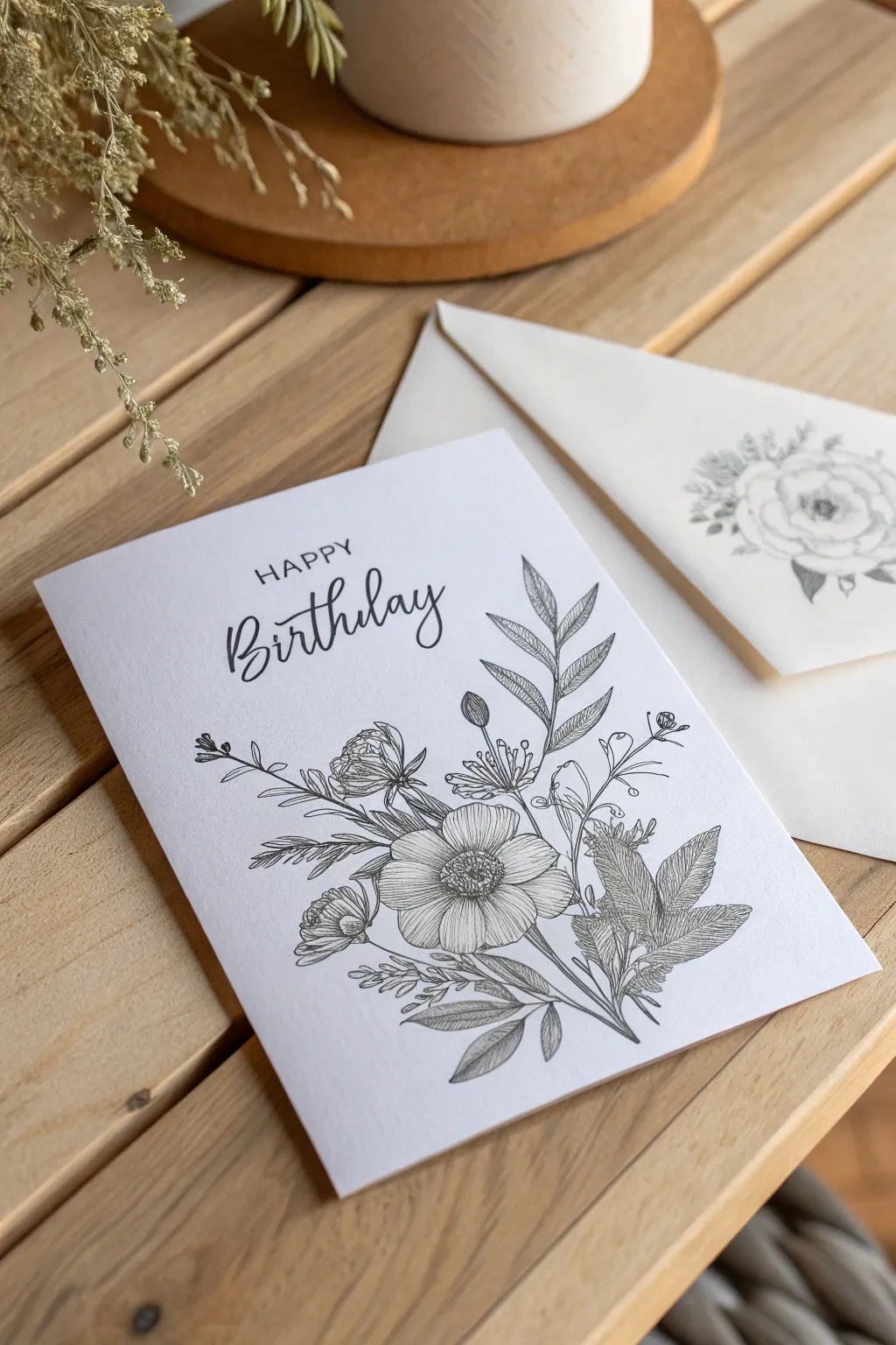 Elegant simplicity in monochrome: a floral birthday card that captivates with its minimalist charm.