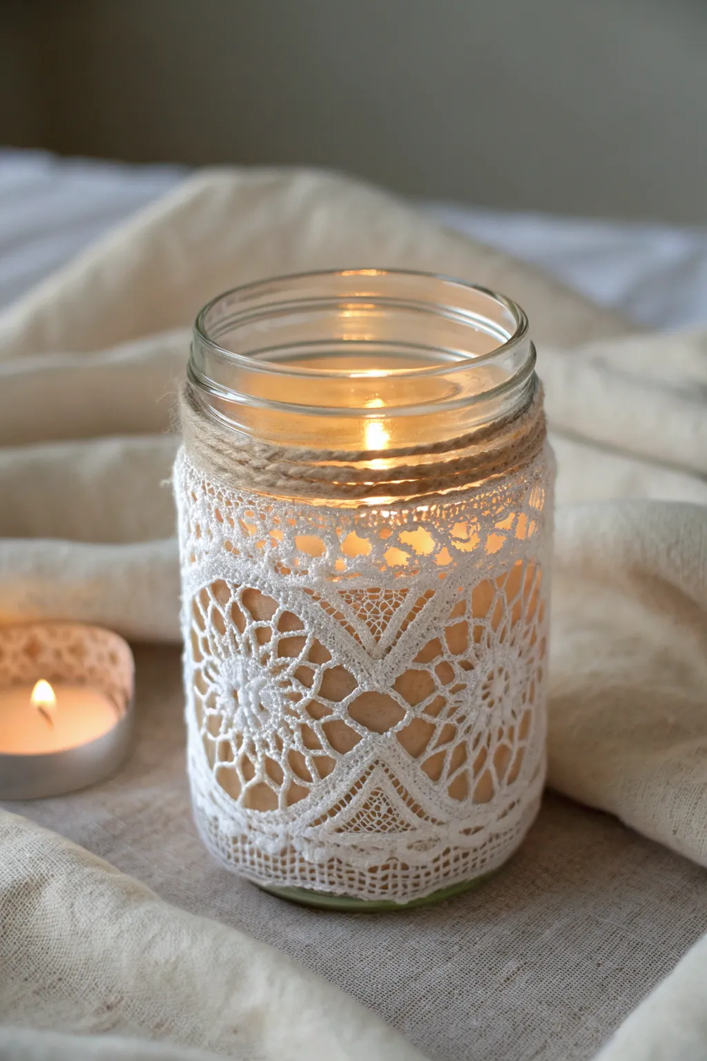 Transform a simple mason jar into an elegant lace-wrapped candle holder that adds a touch of romance to any setting.