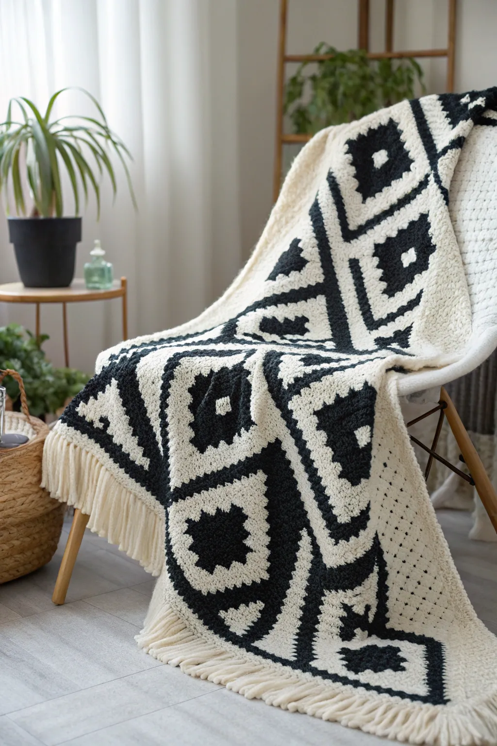 Elevate your space with a minimalist monochrome crochet blanket—where simplicity meets elegance.