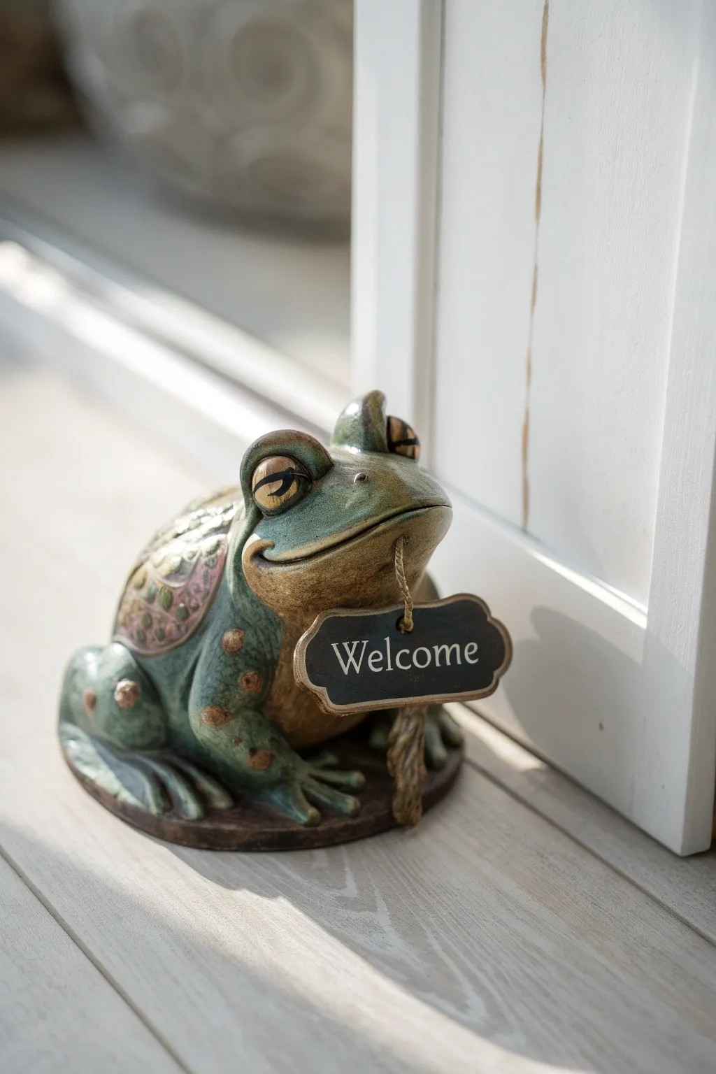 Invite warmth into your home with this charming frog welcome sign, where minimalism meets Boho elegance.