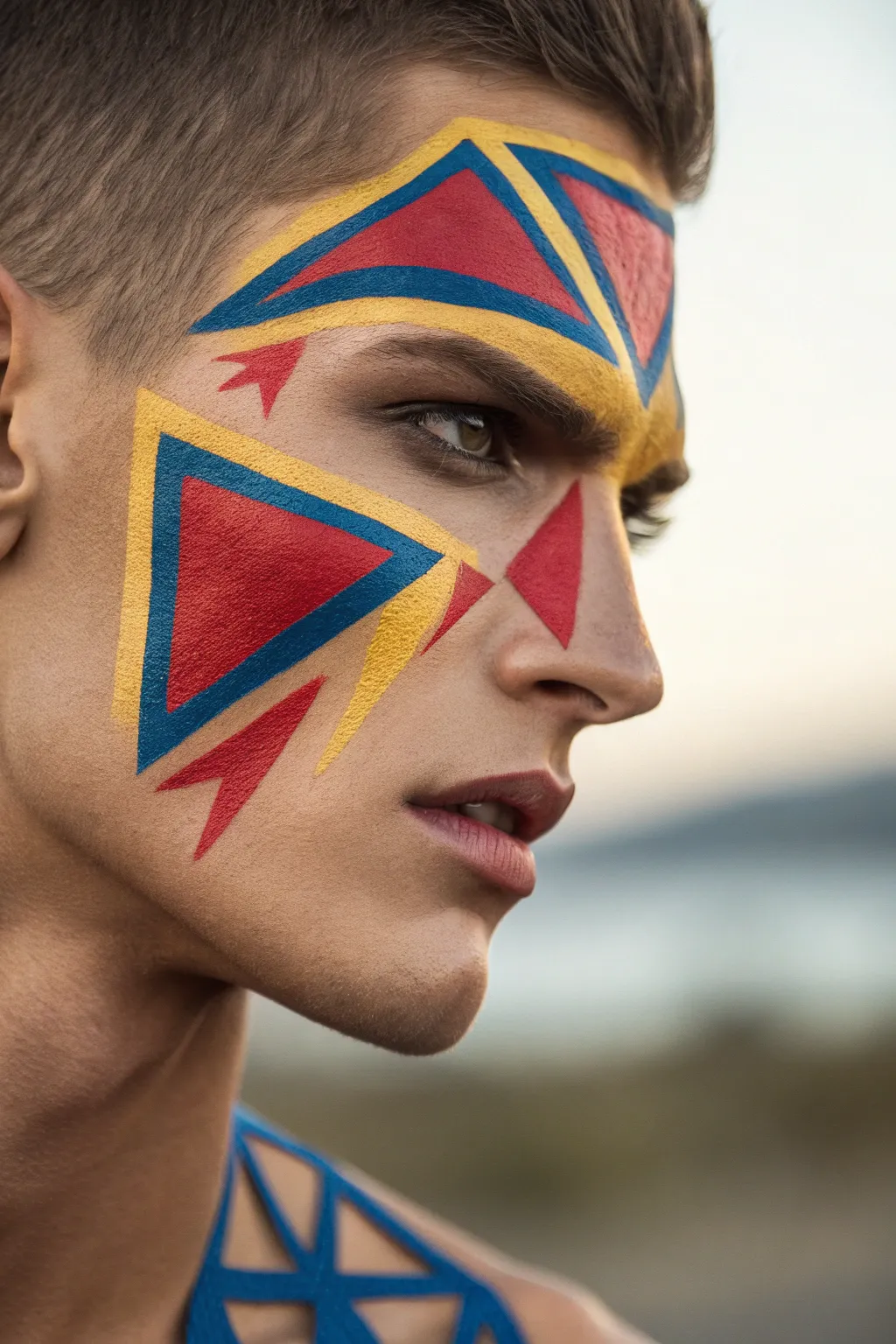Unleash your creativity with bold geometric face paint for game day. Stand out in the crowd with sharp lines and vibrant colors.