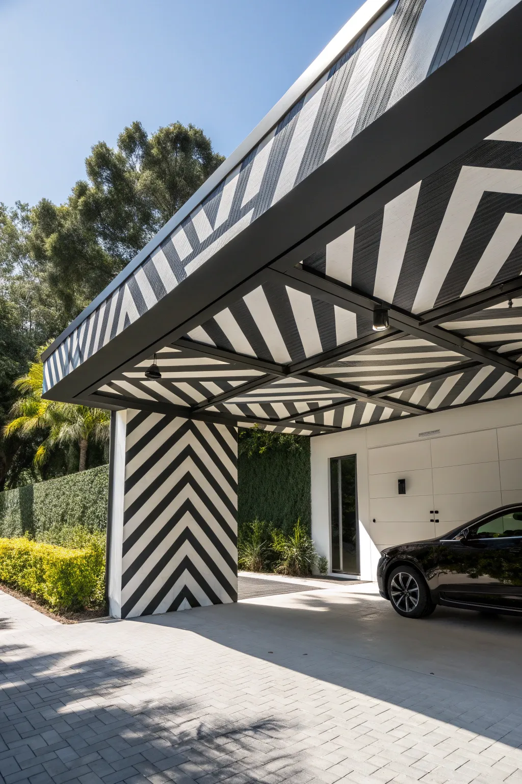 Transform your garage into a modern masterpiece with a bold geometric patterned overhang.