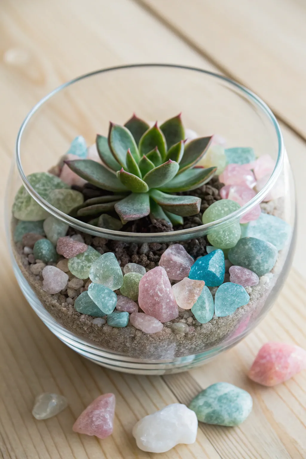 Transform your space with the serene beauty of a gemstone chip terrarium. #ScandinavianStyle #BohoChic #NaturalElegance
