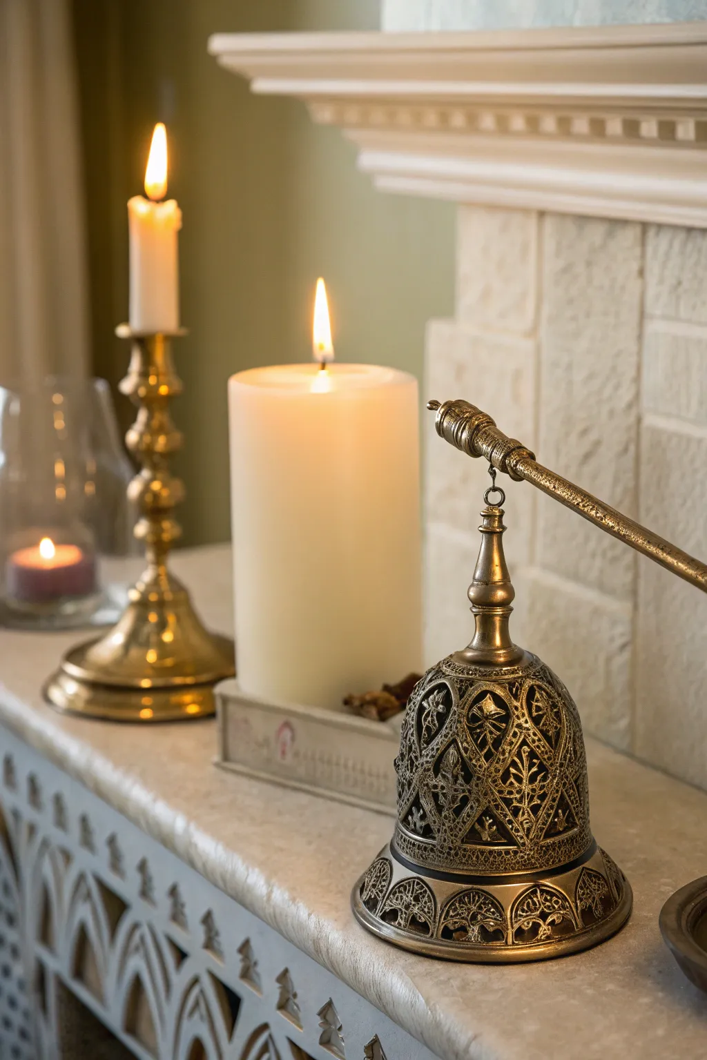 A candle snuffer adds a touch of elegance and practicality.
