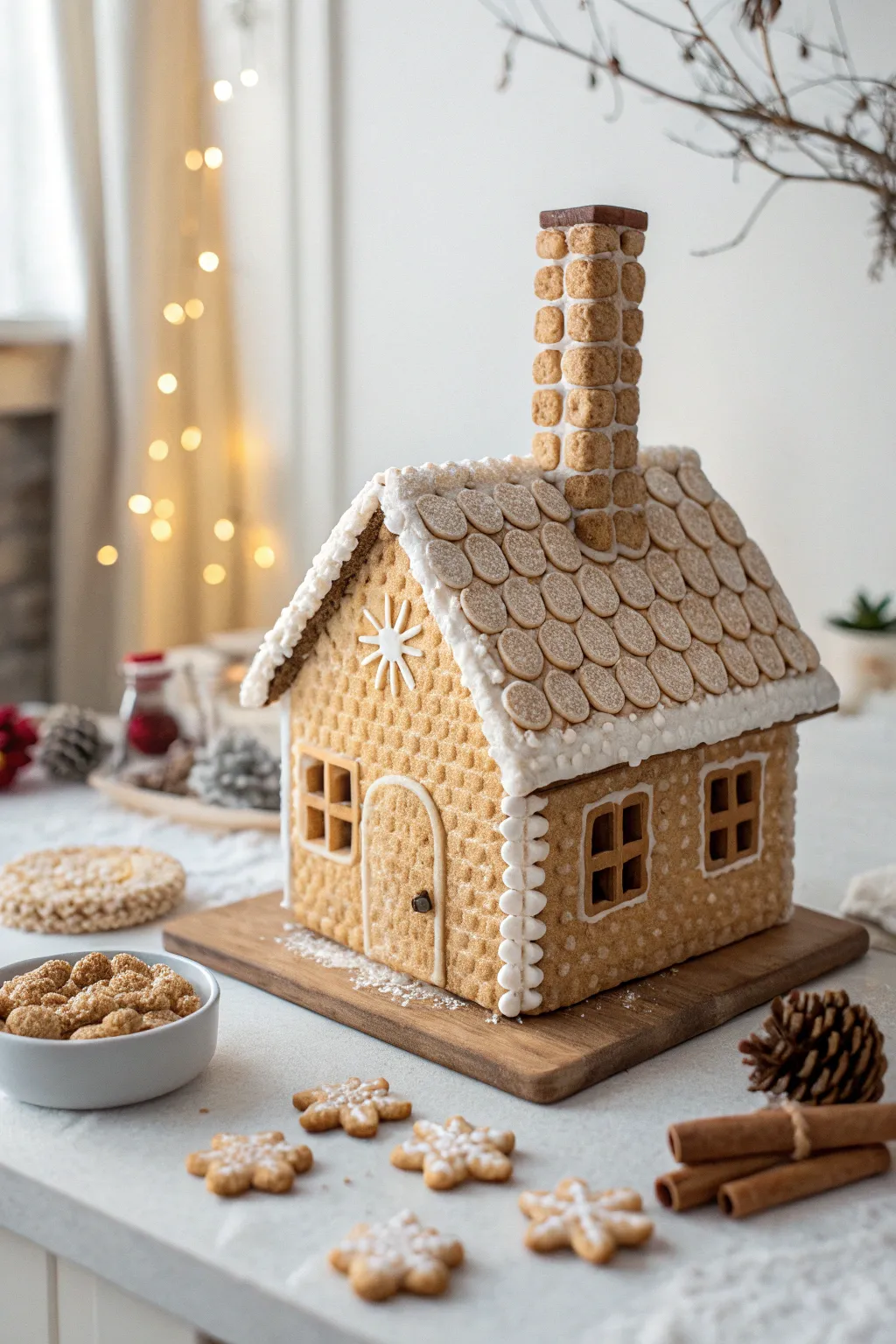 Elevate your gingerbread house with a unique cereal treat chimney – where taste meets texture and simplicity meets style.