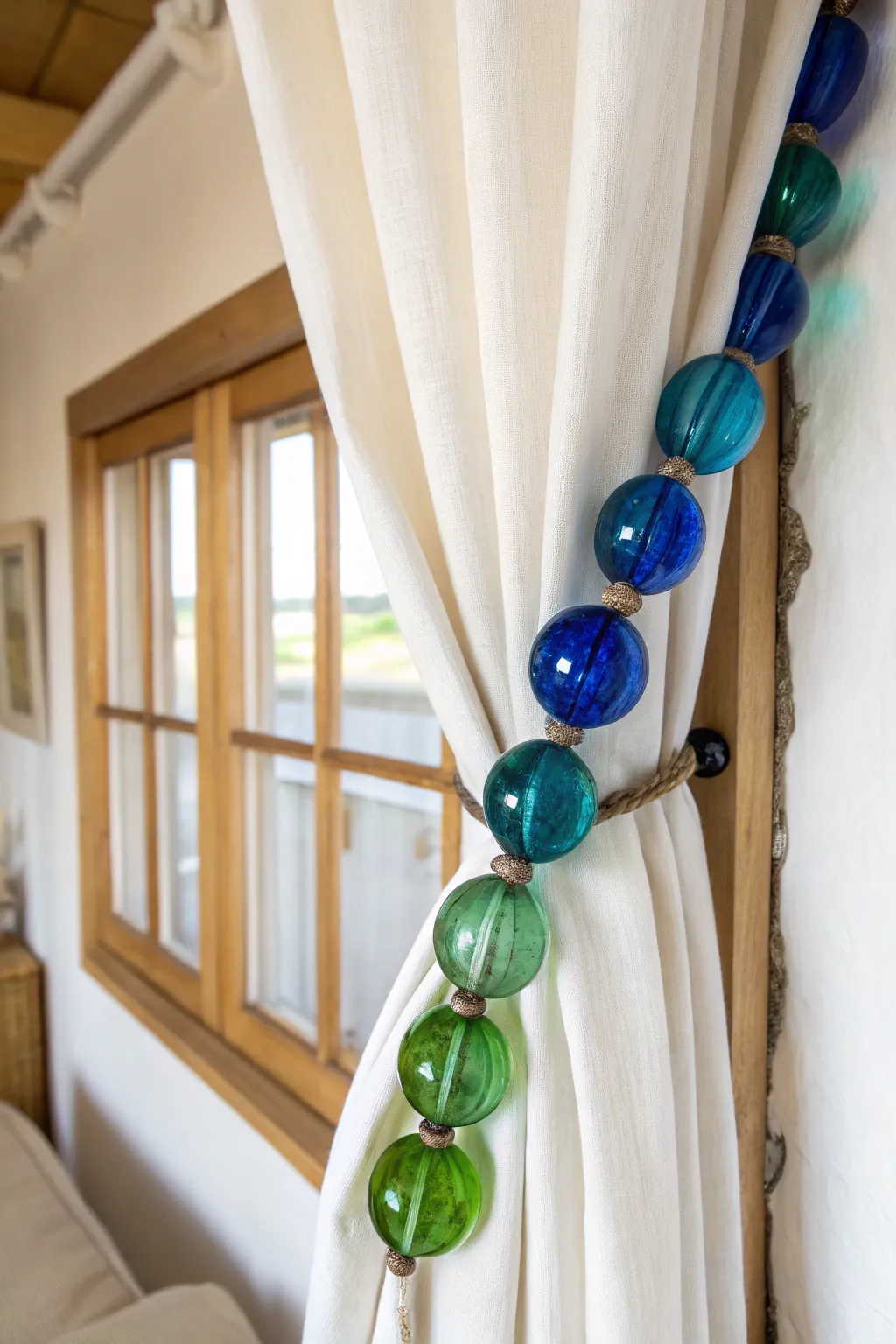 Transform your space with these stunning glass bottle curtain ties, adding a splash of color and elegance to any room.