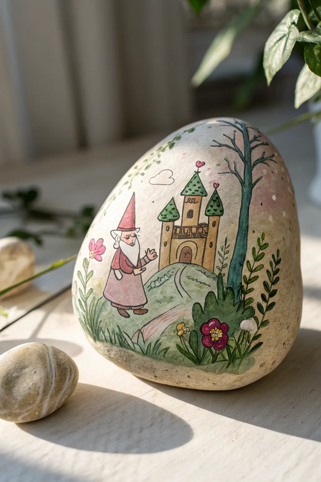 Bring a touch of magic to your space with this enchanting gnome rock painting.