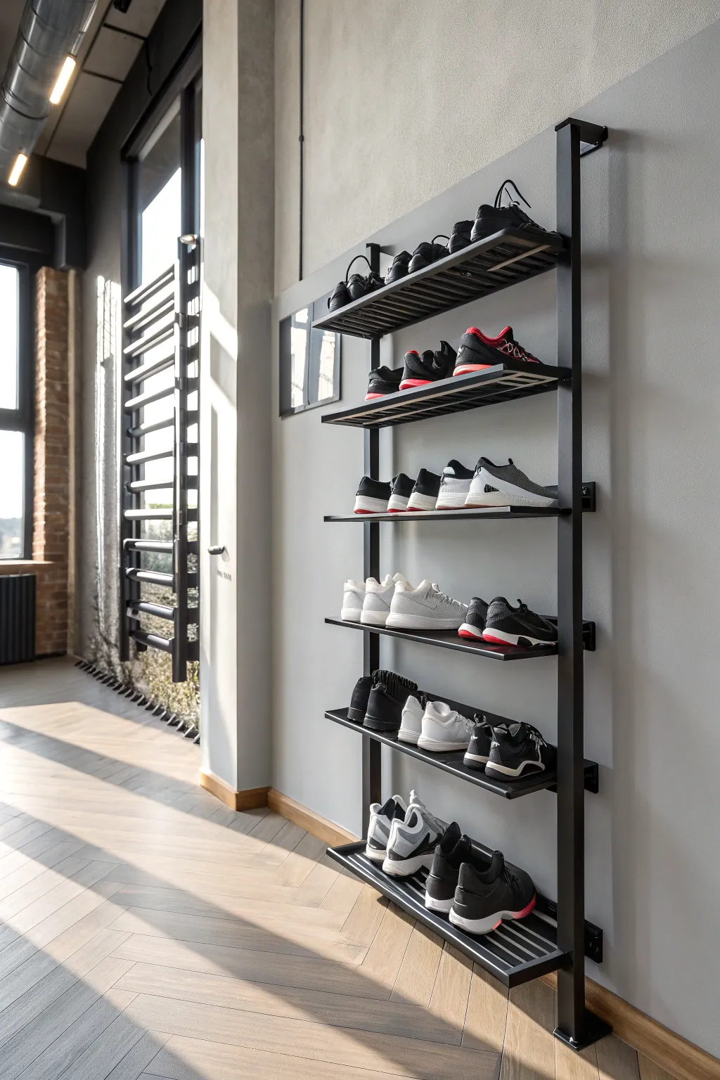 Elevate your gym organization with this sleek wall-mounted shoe rack. Style meets function for the modern athlete.