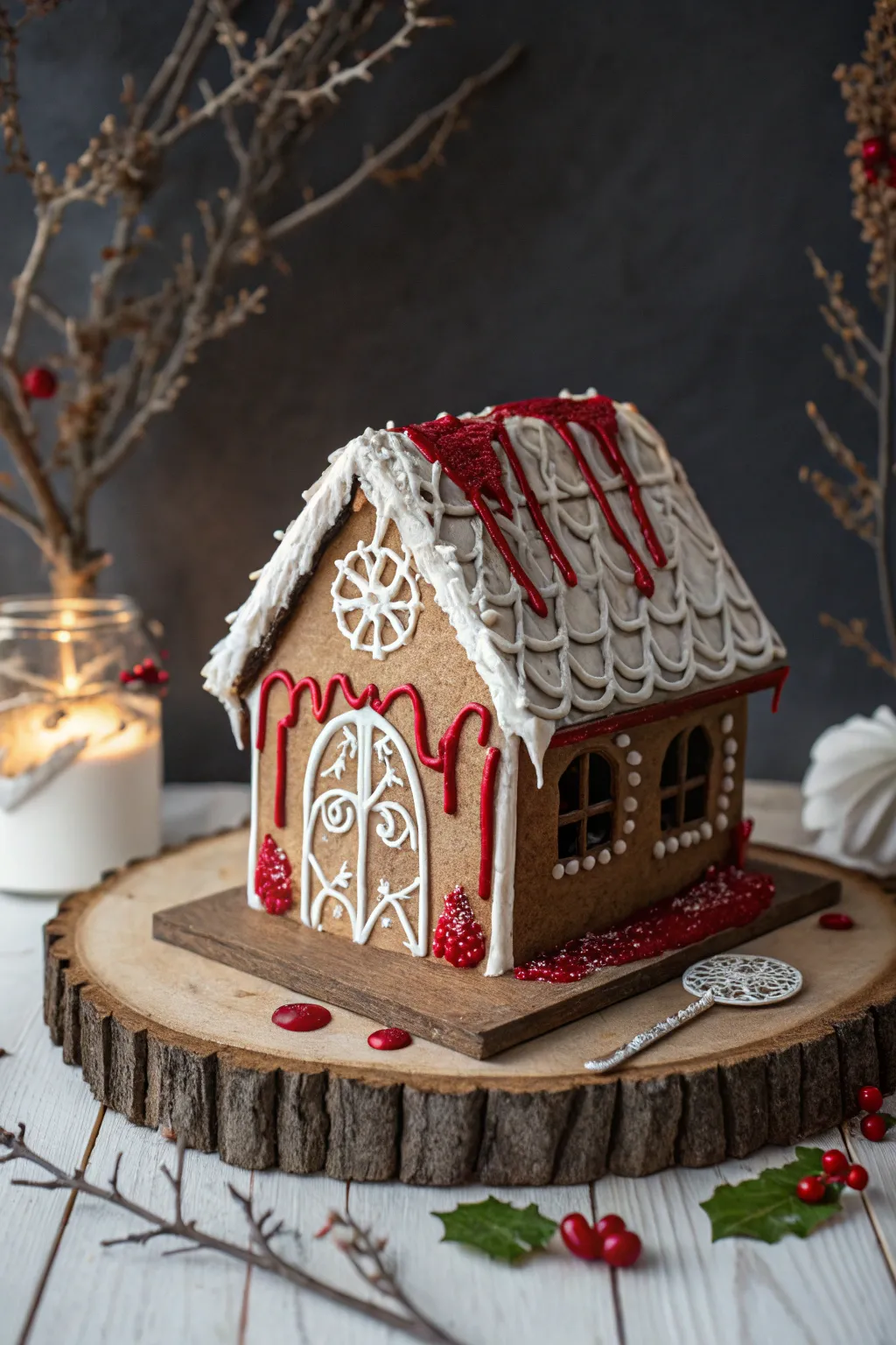 Embrace the sinister elegance of a Vampire's Lair this Halloween with a minimalist gingerbread masterpiece.