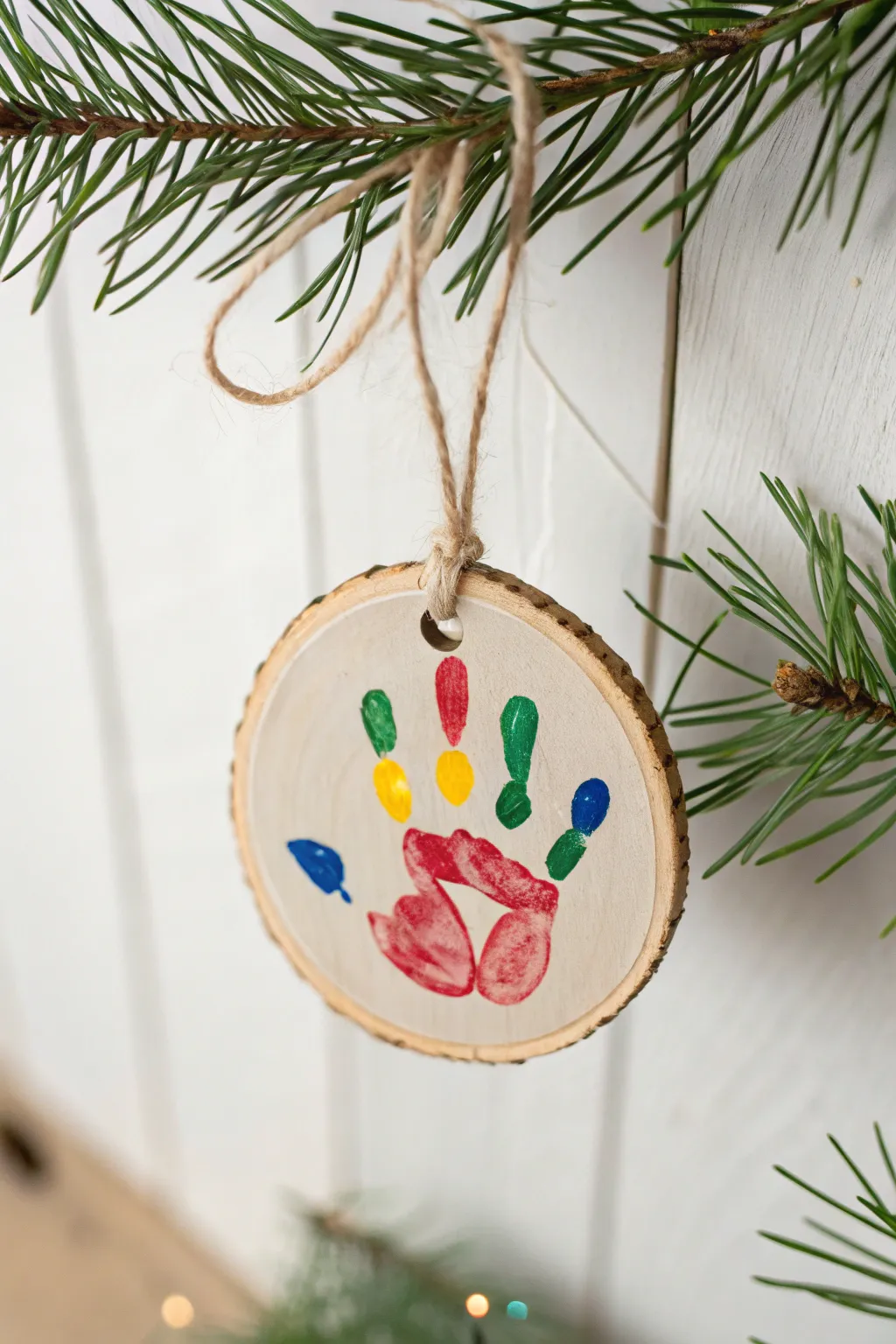 Add a touch of playful elegance to your holiday decor with this charming handprint Christmas light ornament.
