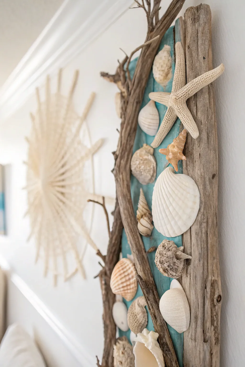 Embrace the serene beauty of the coast with this handcrafted shell and driftwood wall art. A minimalist masterpiece for your home.