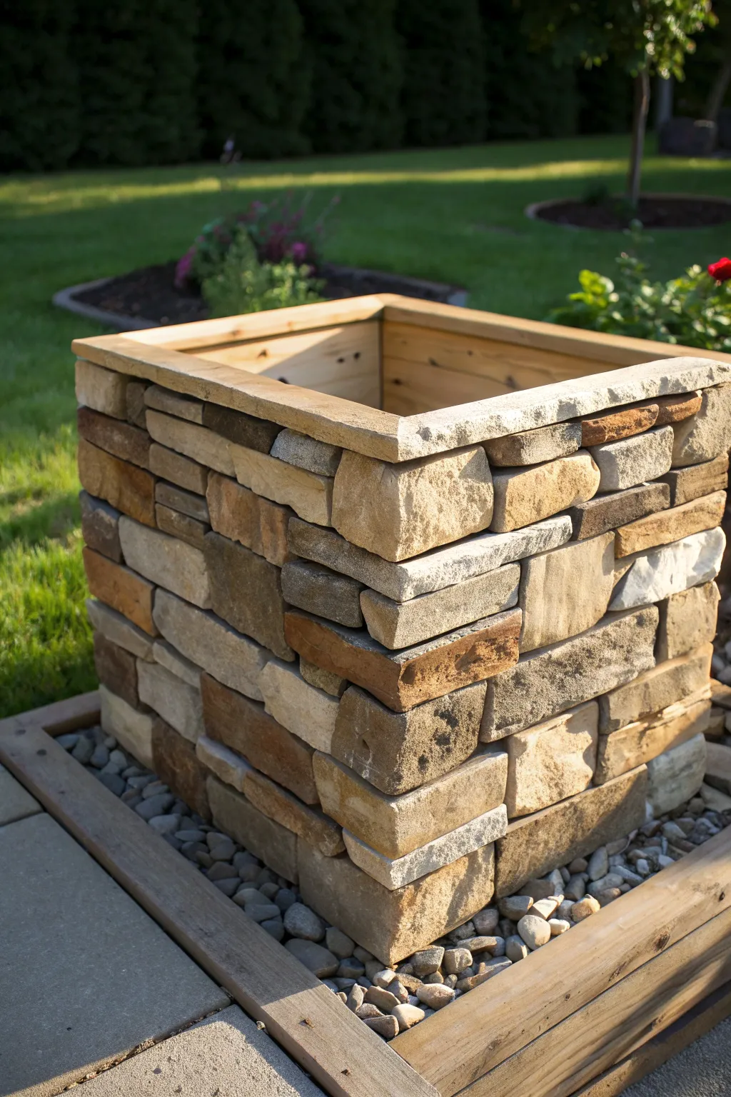Elevate your outdoor aesthetics with a stacked stone ballast box that blends strength with natural beauty.