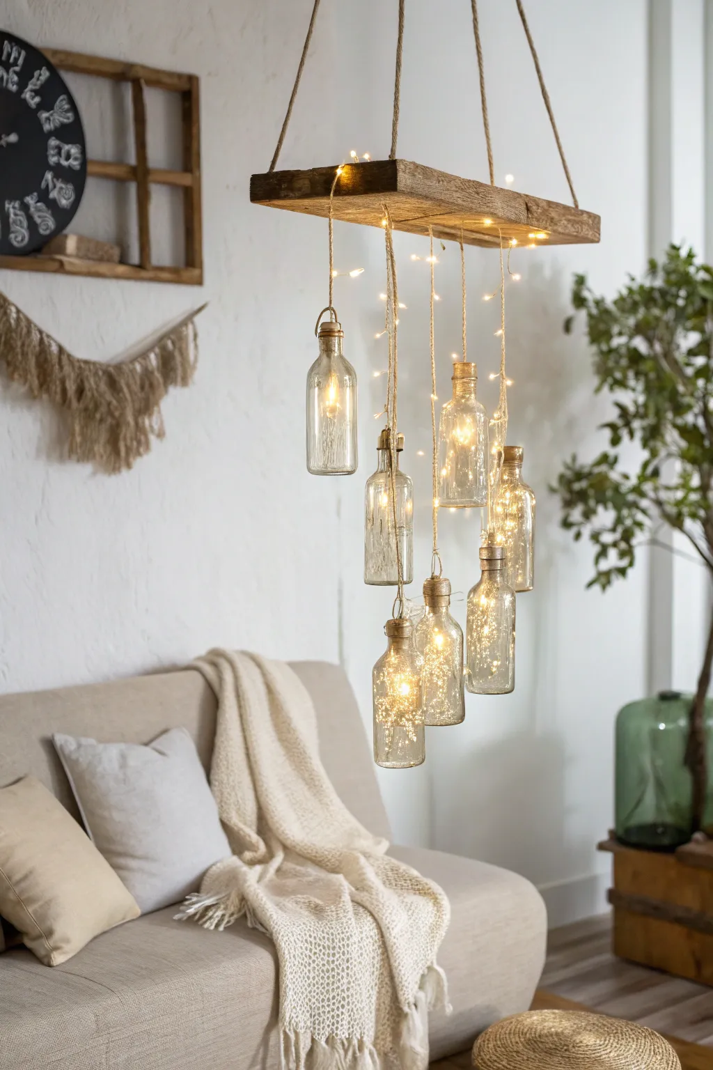 Illuminate your space with an enchanting upcycled bottle chandelier, where simplicity meets elegance.