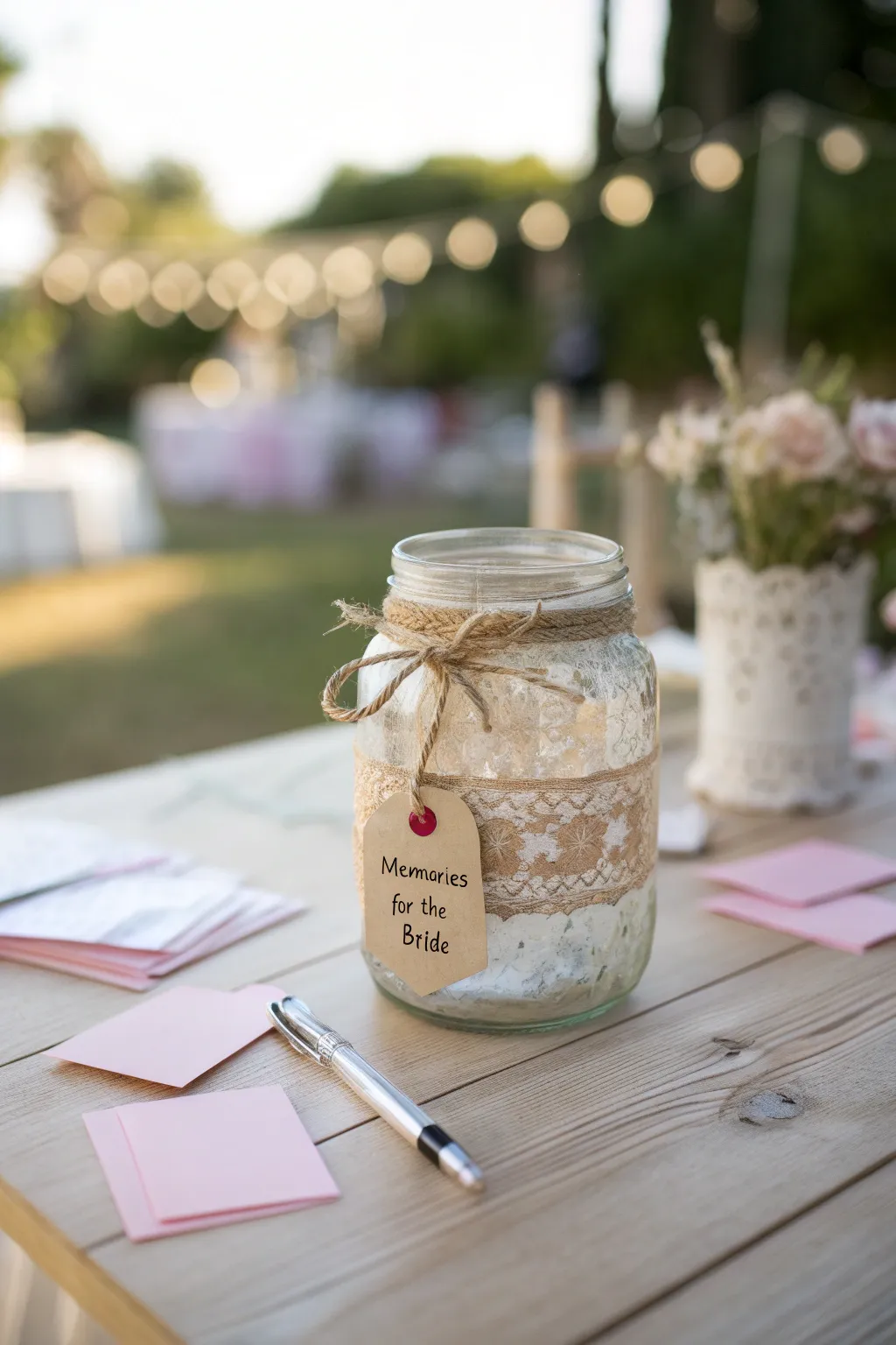 Capture cherished memories in this elegant bridal shower memory jar.