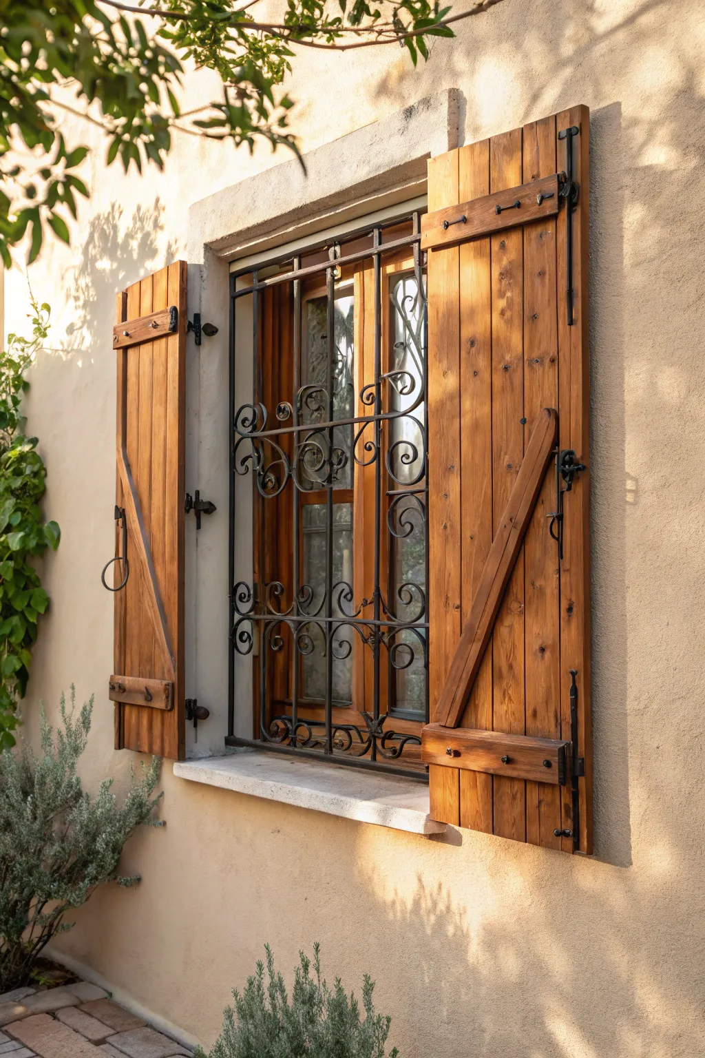 Discover the art of contrast with handcrafted shutters that blend cedar with wrought iron for a stunningly unique look.