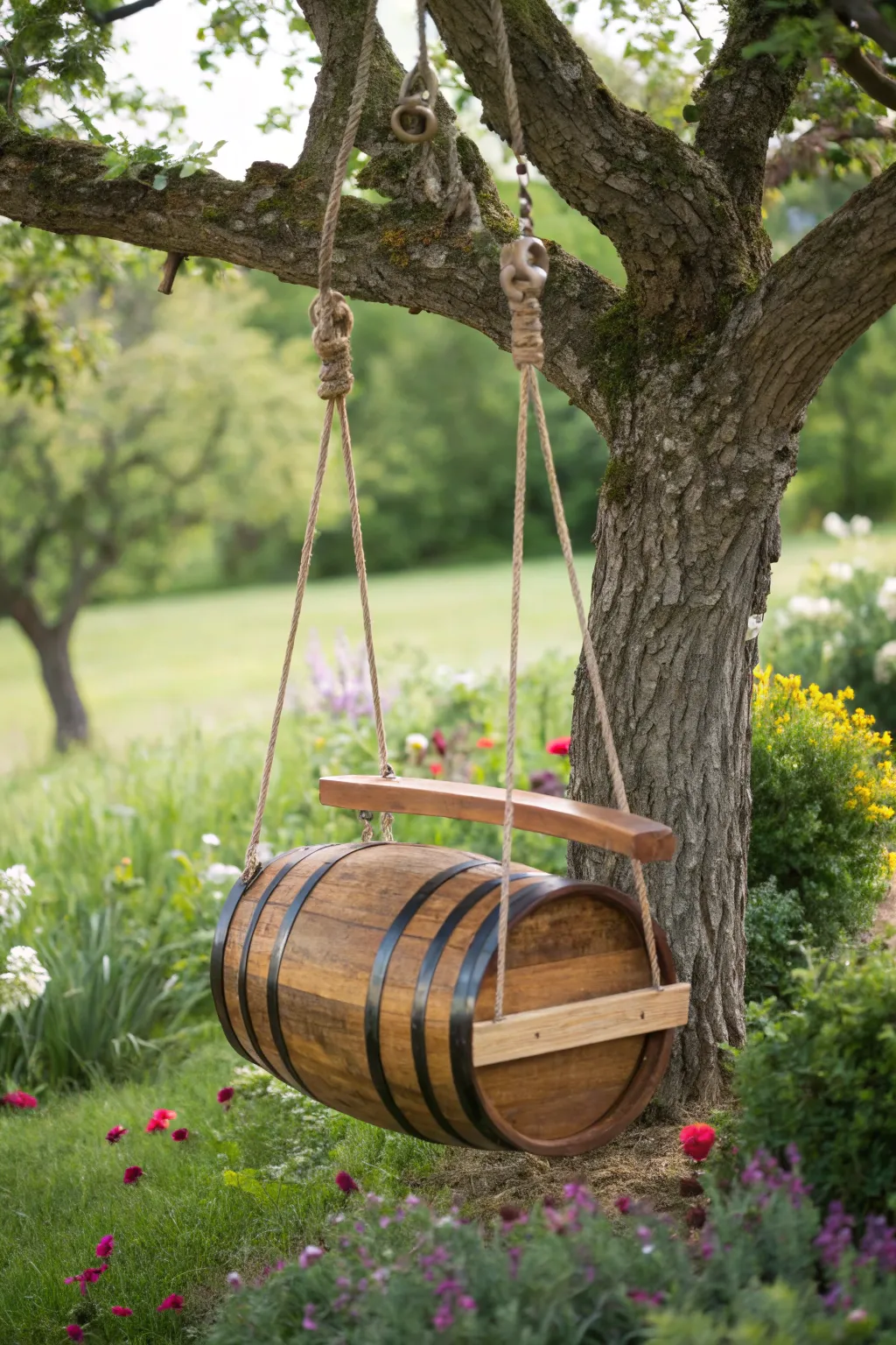 Add a whimsical touch to your garden with this charming wine barrel swing!