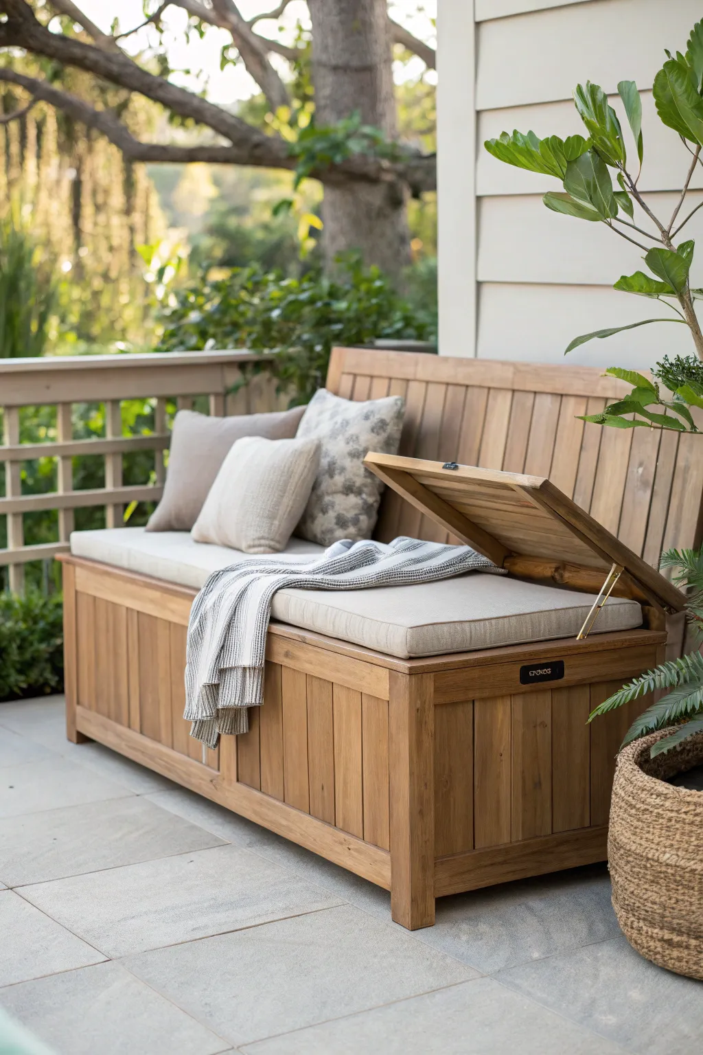 Elevate your patio with this elegant outdoor storage bench – where Scandinavian minimalism meets Boho charm.