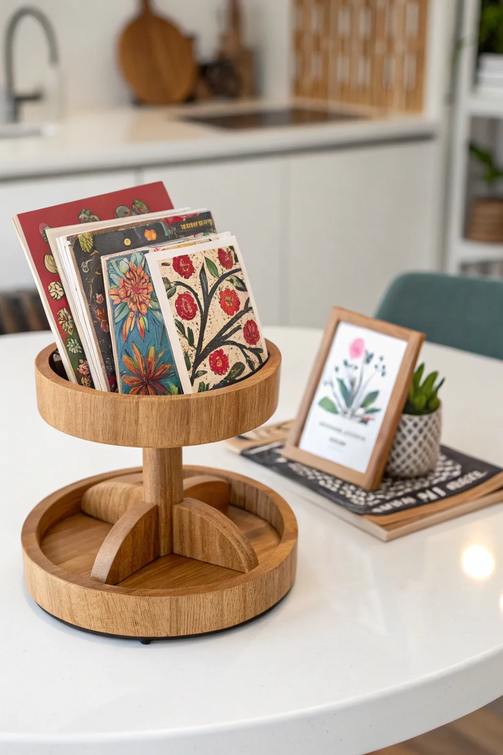 Elevate your space with a rotating postcard display that combines minimalist elegance with a splash of bold, artistic flair.
