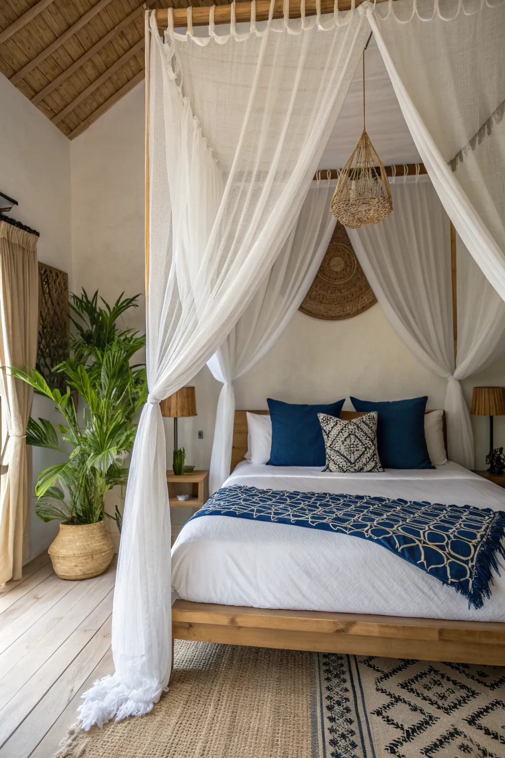 Transform your bedroom into a serene escape with a chic canopy headboard. Embrace elegance and simplicity with a Scandinavian-Boho twist.
