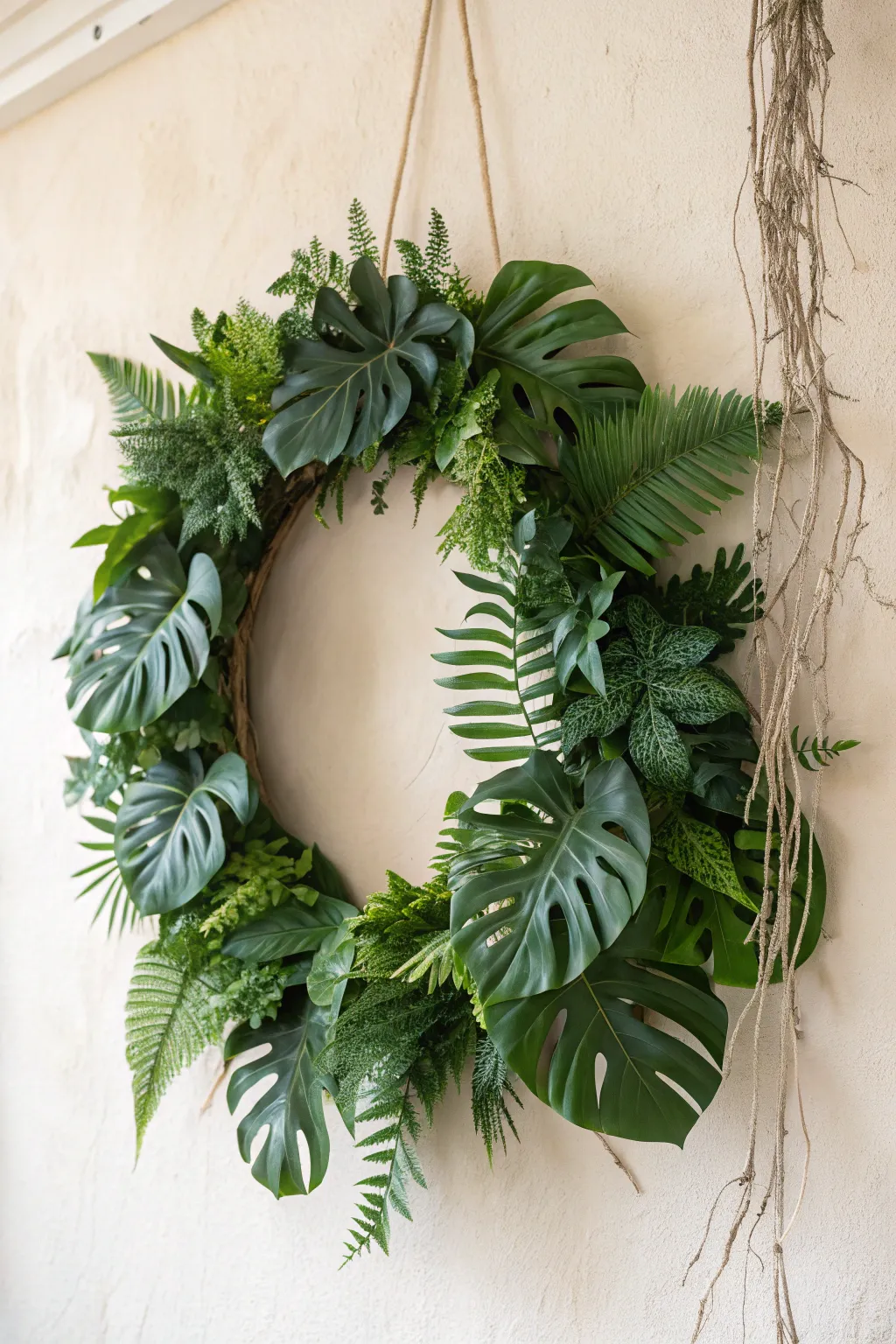 Embrace summer with a Monstera and Fern wreath—a perfect blend of bold greenery and minimalist elegance.
