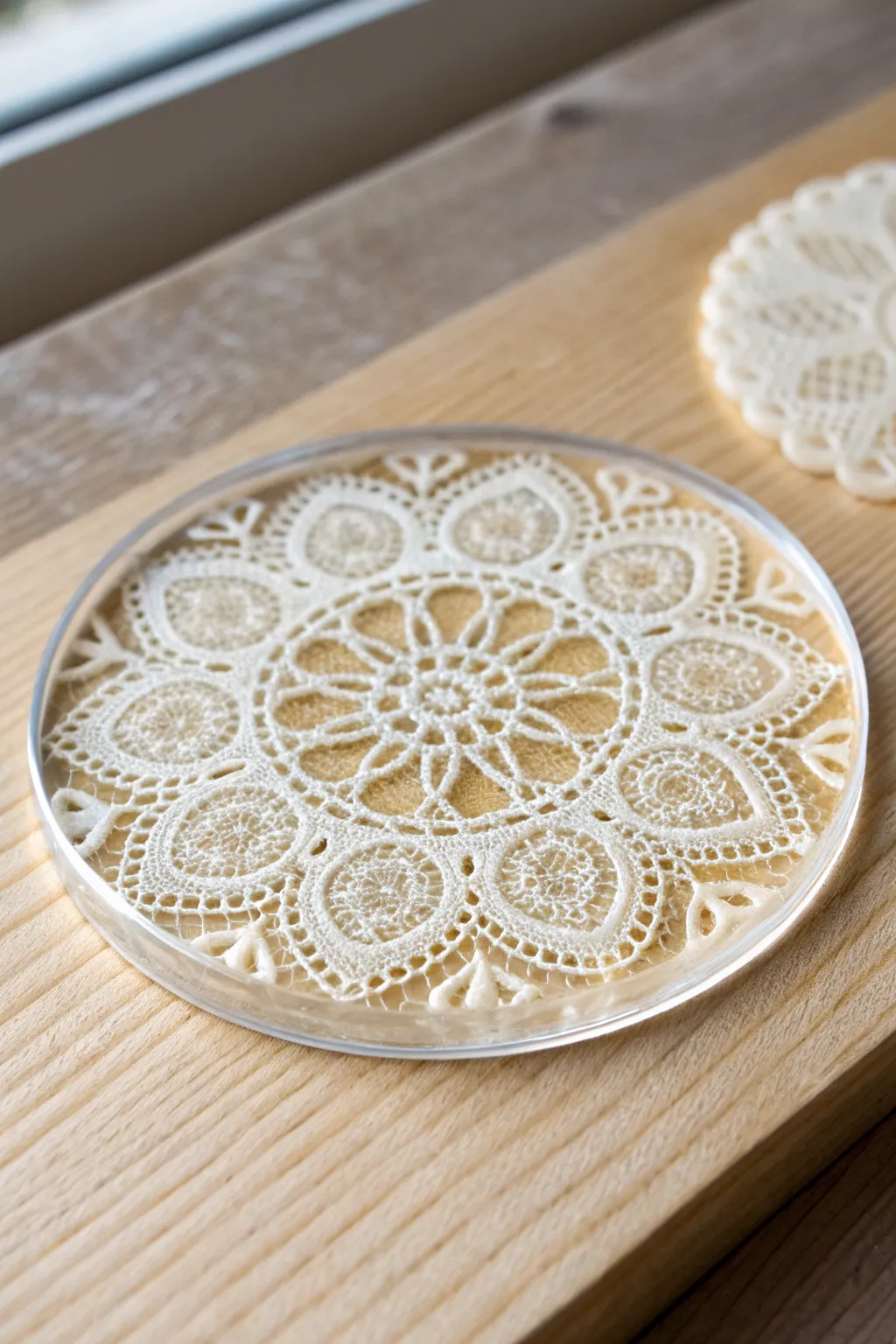 Elegance in Simplicity: Vintage lace meets modern resin in this stunning coaster design.