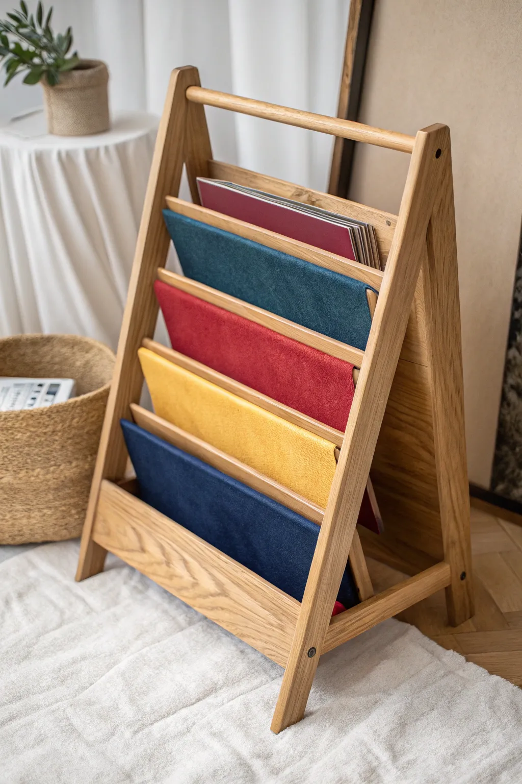 Transform your workspace with this elegant magazine rack — where organization meets artistry.