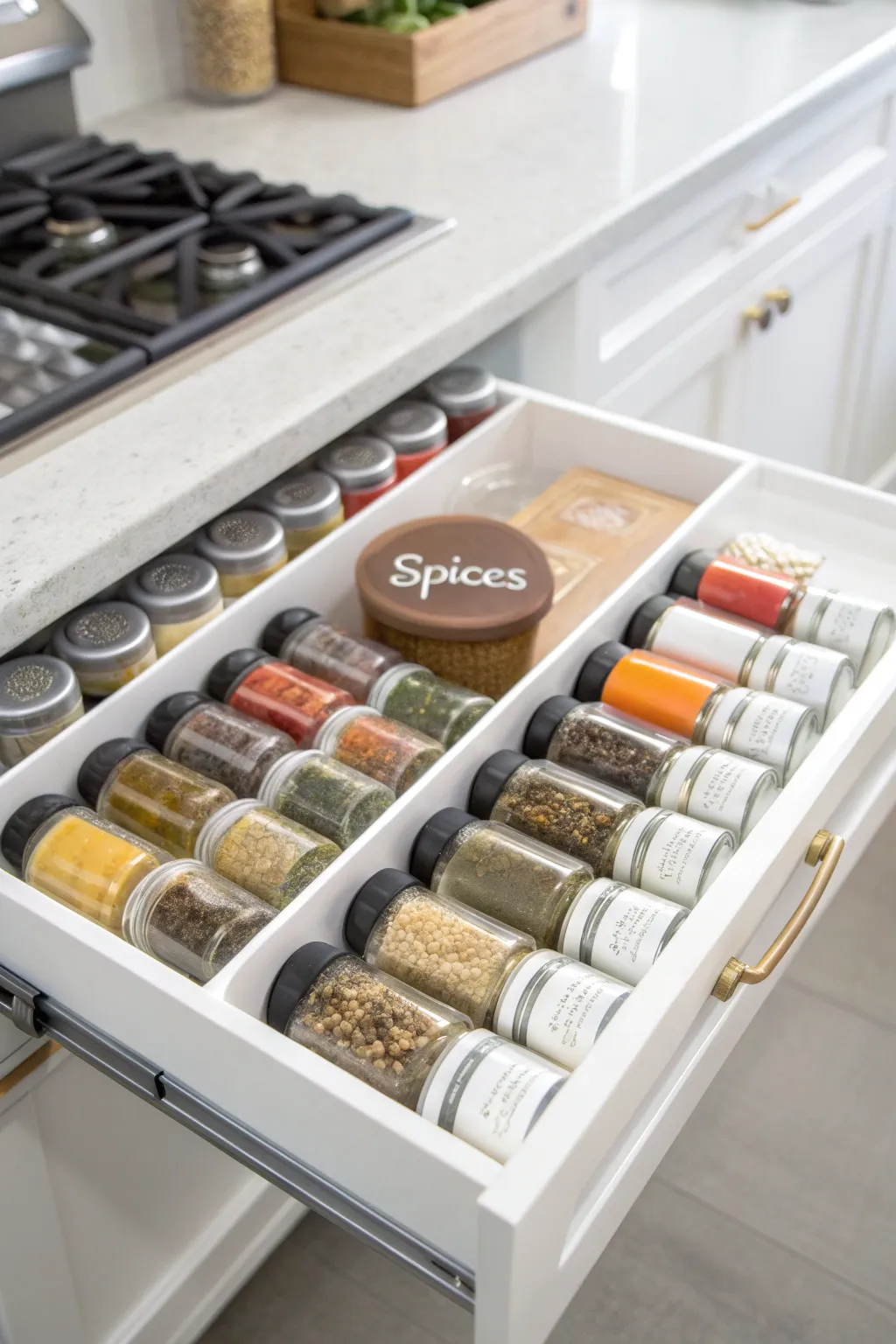 A spice drawer keeps your collection neatly organized.