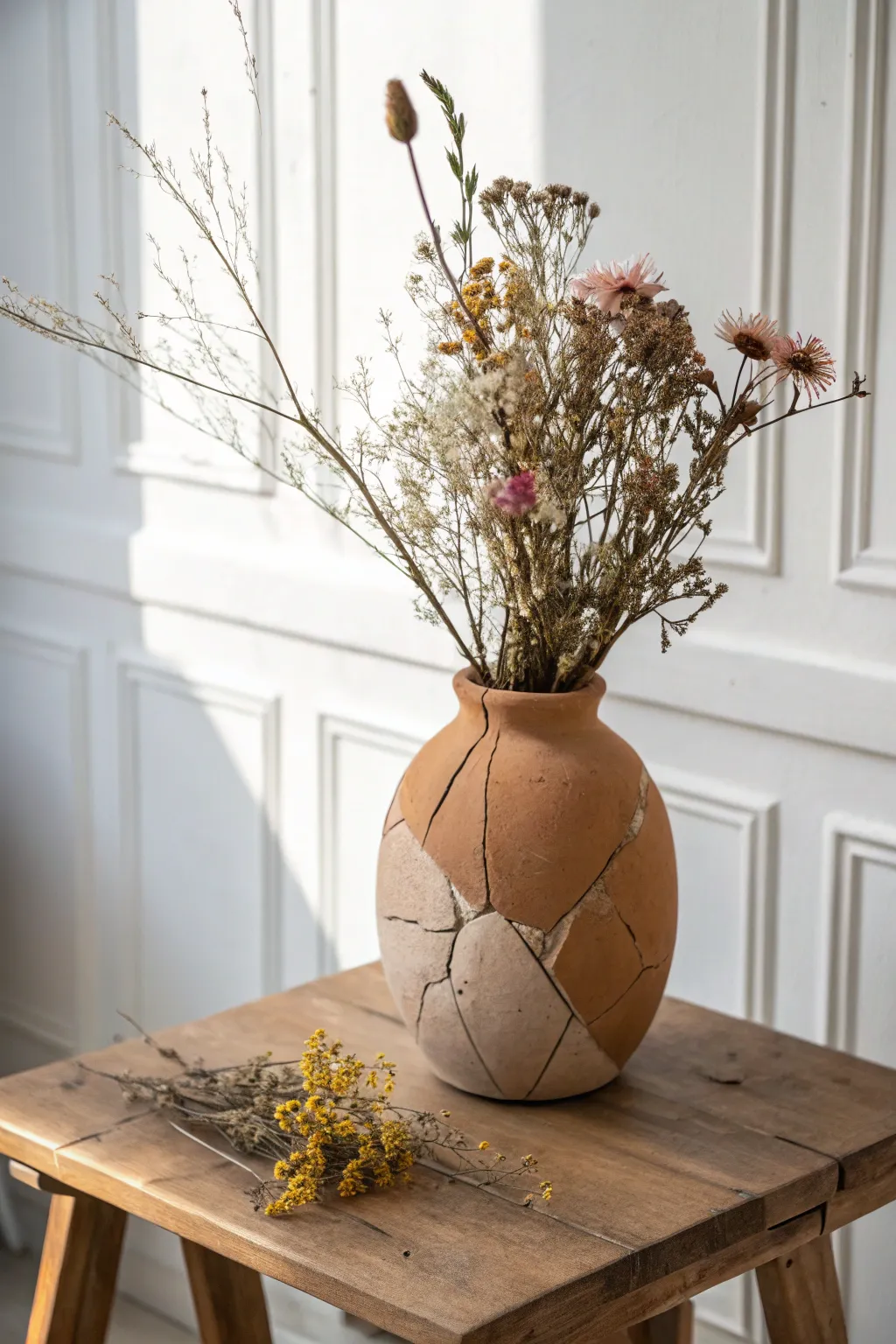 Transform broken pieces into beauty: A rustic clay pot shard becomes a stunning vase for dried blooms.