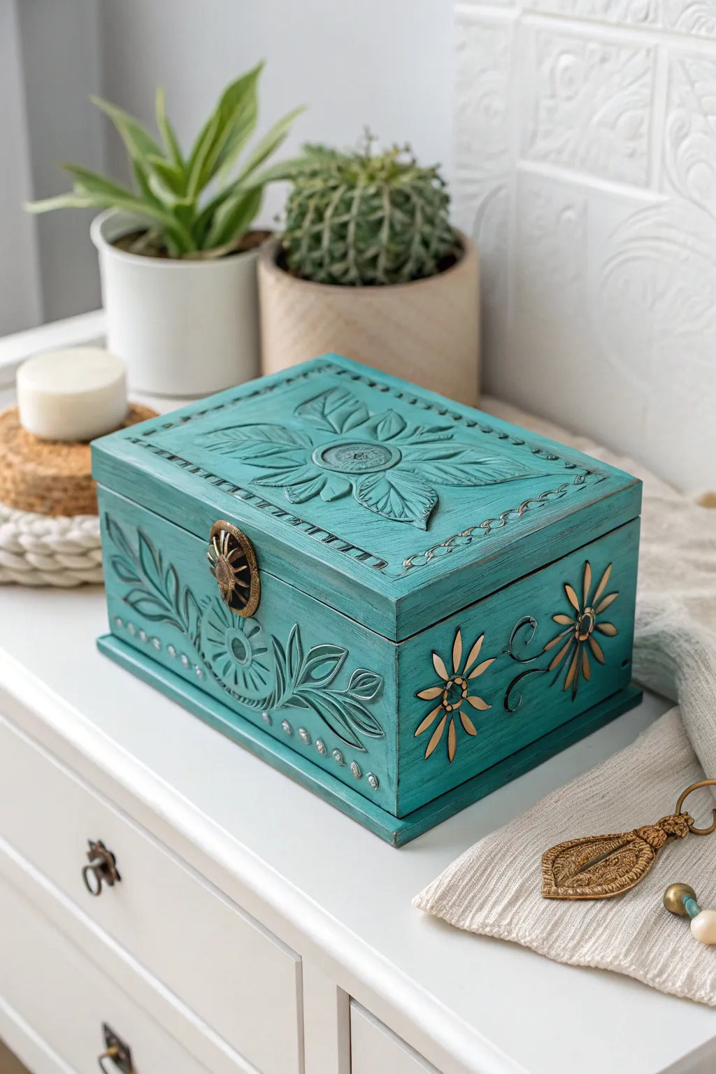 Add a pop of color to your decor with this eye-catching turquoise jewelry box. A fusion of Scandinavian simplicity and boho charm.