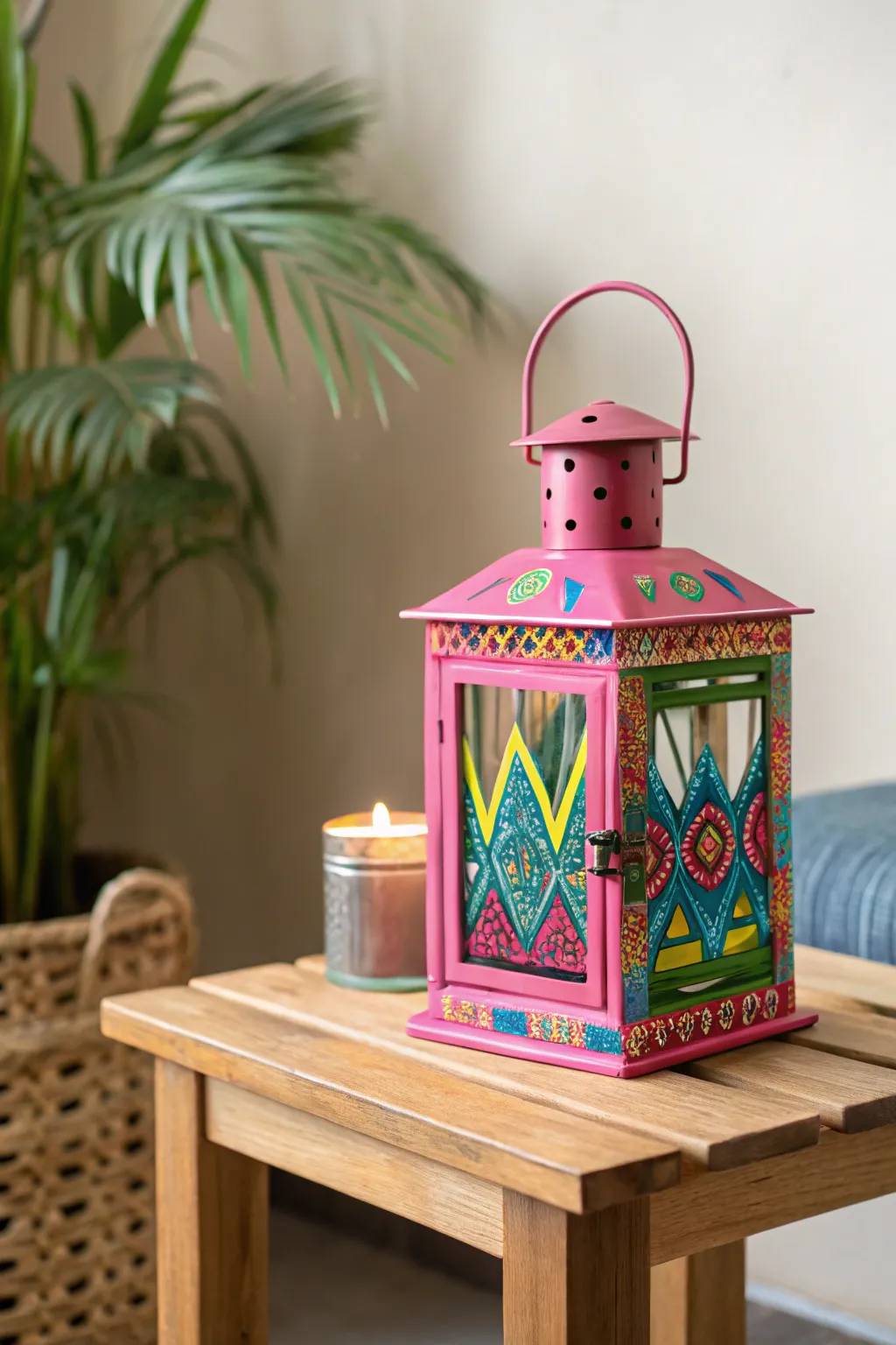 Illuminate your space with a pop of neon! This handcrafted lantern adds a bold statement to any room with its vibrant hues and minimalist design.