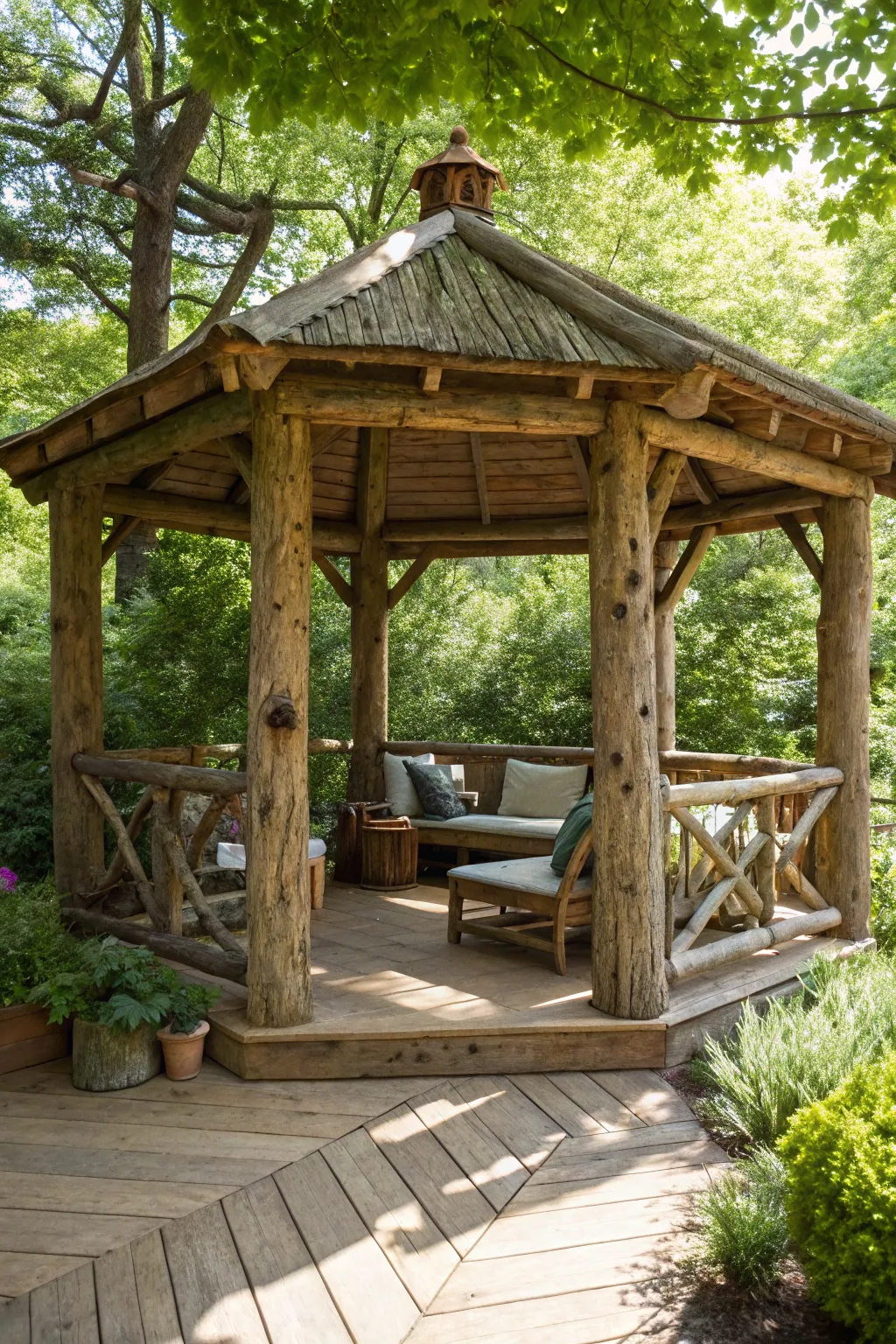 Discover the rustic charm of a handcrafted log gazebo – your perfect backyard retreat.