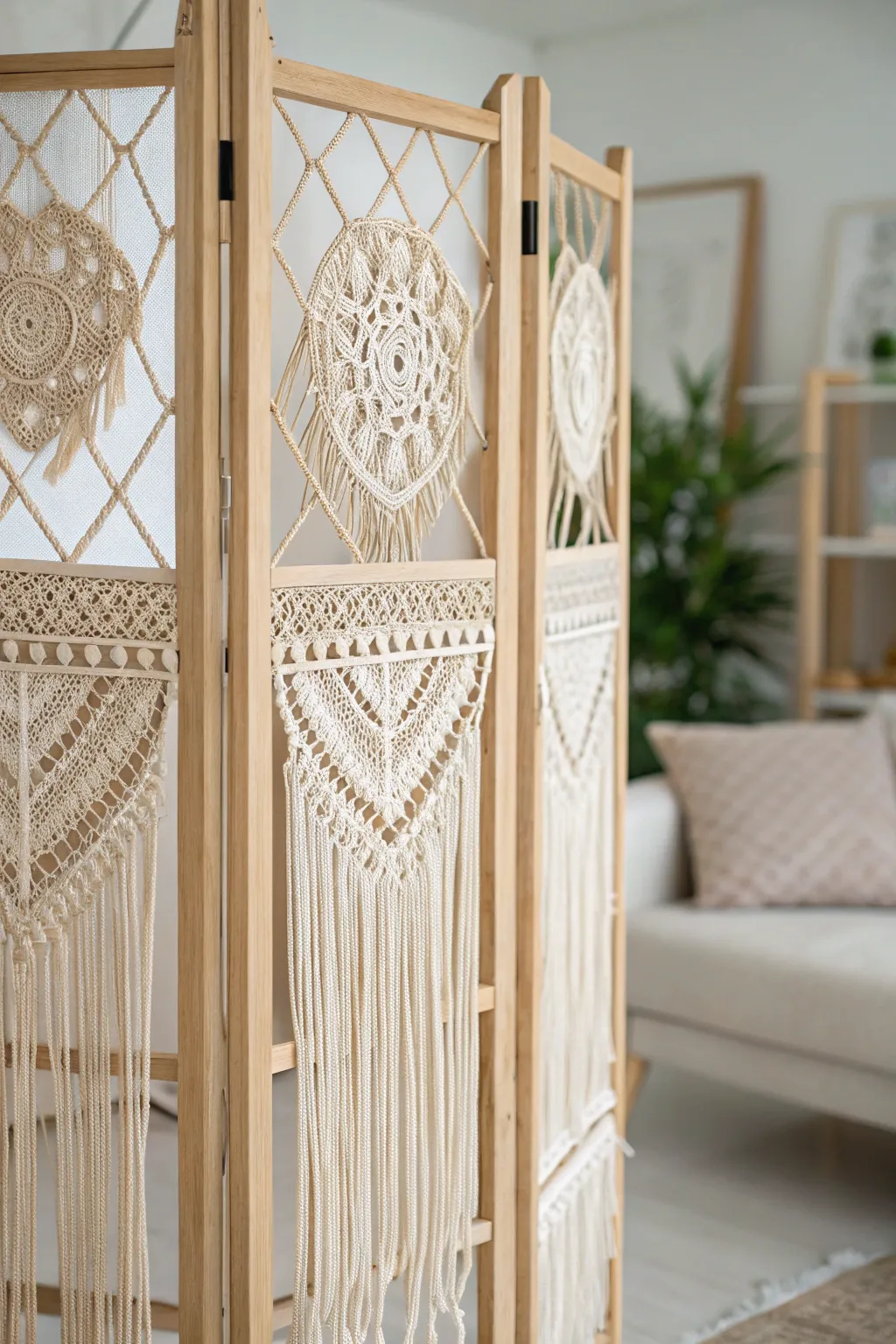 Elevate your space with a stunning macrame room divider, blending Scandinavian minimalism with boho charm.